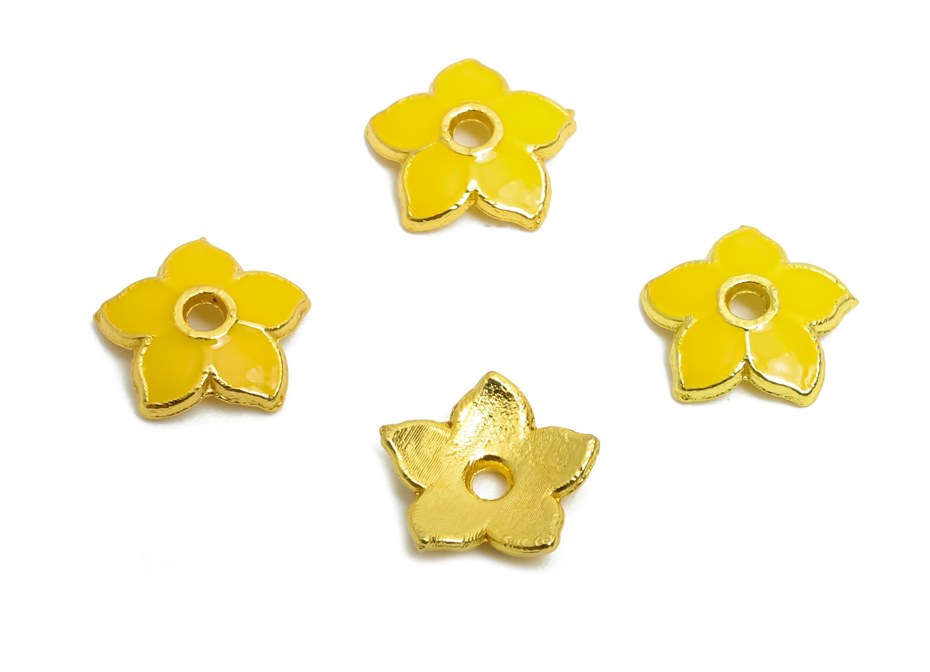 Alloy Orange Floral Bead - Colorful Enamel for Bracelets - Bead Cap Jewelry - DIY Handcrafted Bead Base - 18K Matte Gold - 8x8x1mm - ZZ2147 - DOMEDBAZAAR