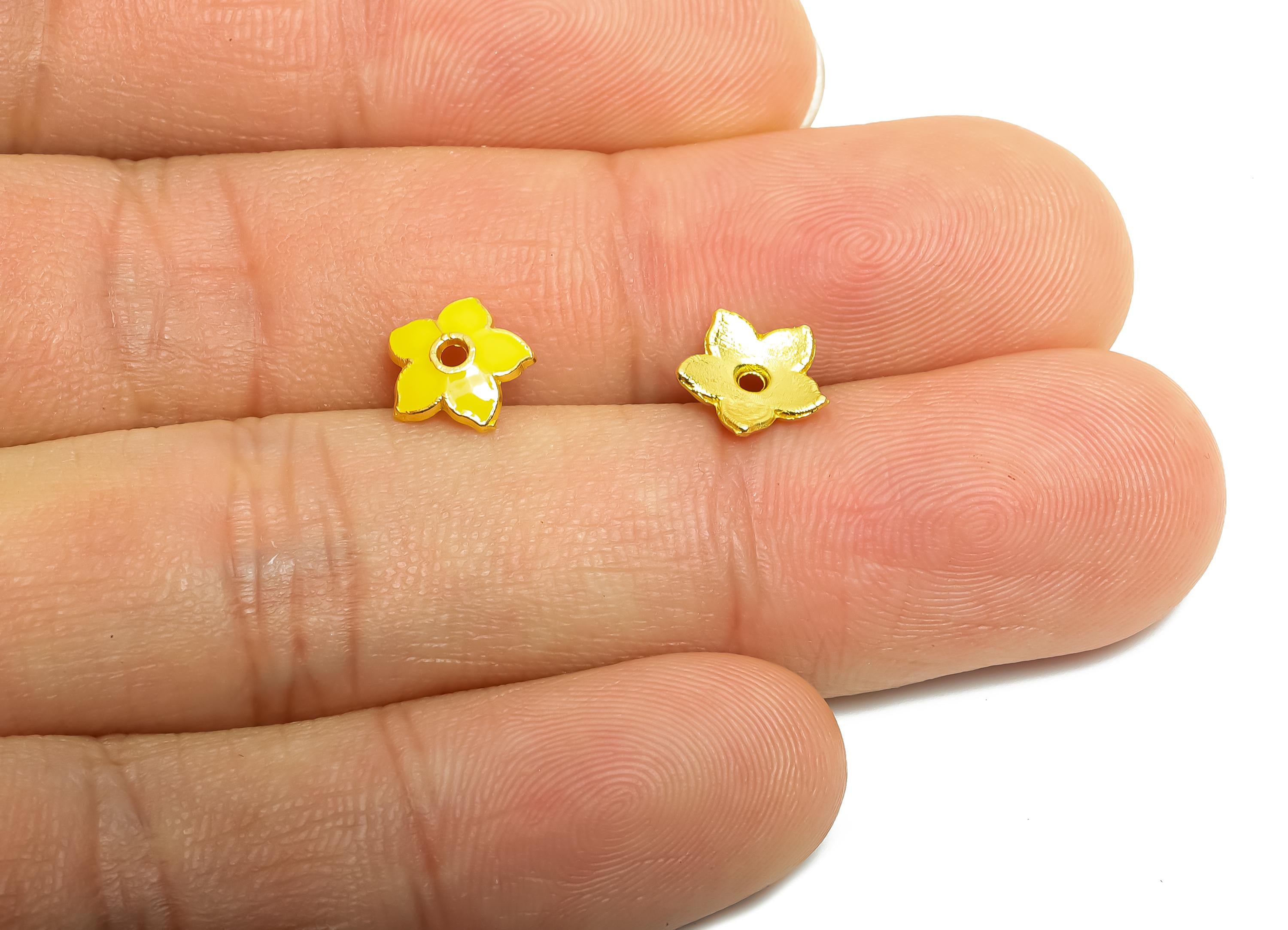 Alloy Orange Floral Bead - Colorful Enamel for Bracelets - Bead Cap Jewelry - DIY Handcrafted Bead Base - 18K Matte Gold - 8x8x1mm - ZZ2147 - DOMEDBAZAAR