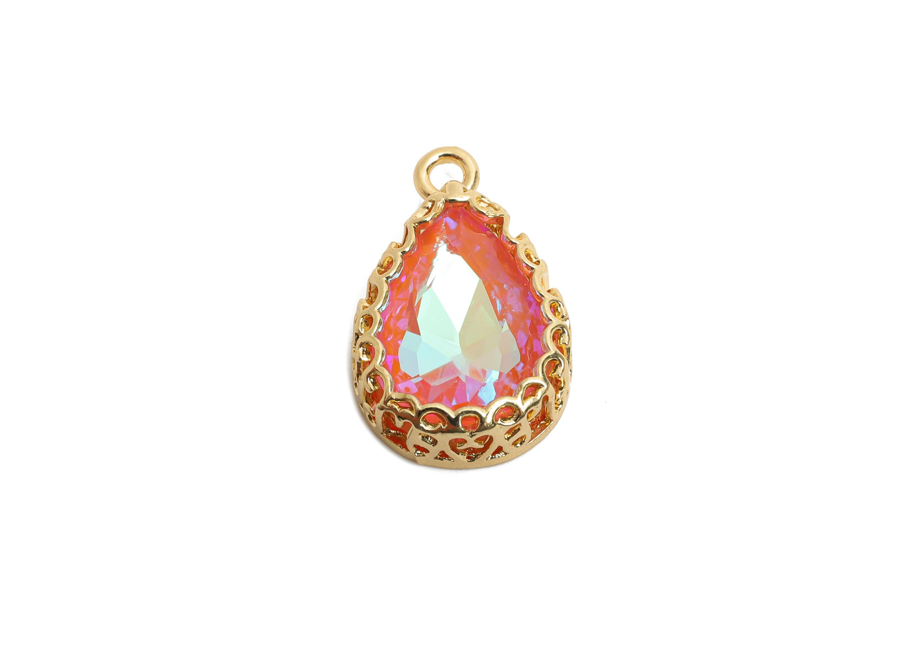 Brass Teardrop Crystal Charm - Rainbow Faceted Crystal Necklace Pendant - Drop Gold-Framed Jewelry DIY - KC Gold Plated - 20x12.6x5mm-GS1192 - DOMEDBAZAAR