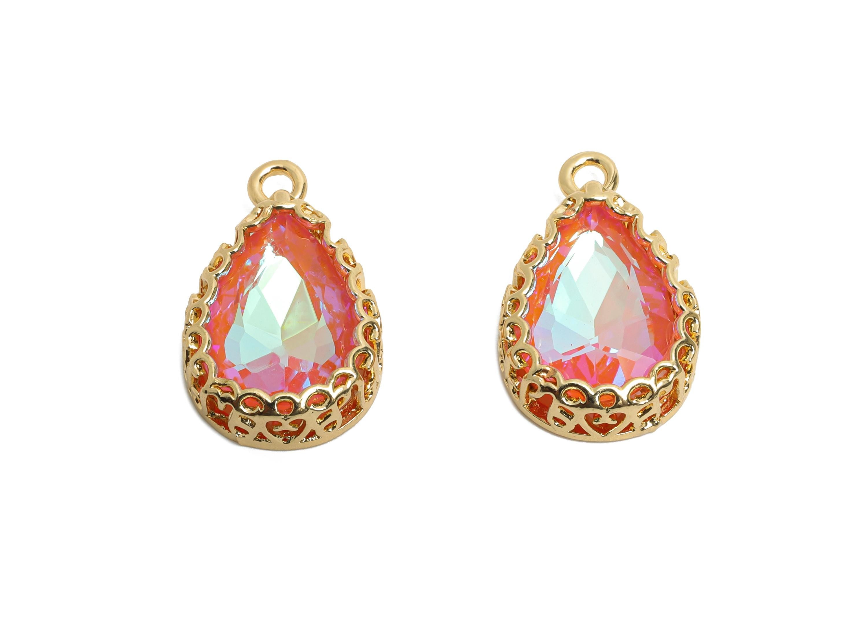 Brass Teardrop Crystal Charm - Rainbow Faceted Crystal Necklace Pendant - Drop Gold-Framed Jewelry DIY - KC Gold Plated - 20x12.6x5mm-GS1192 - DOMEDBAZAAR