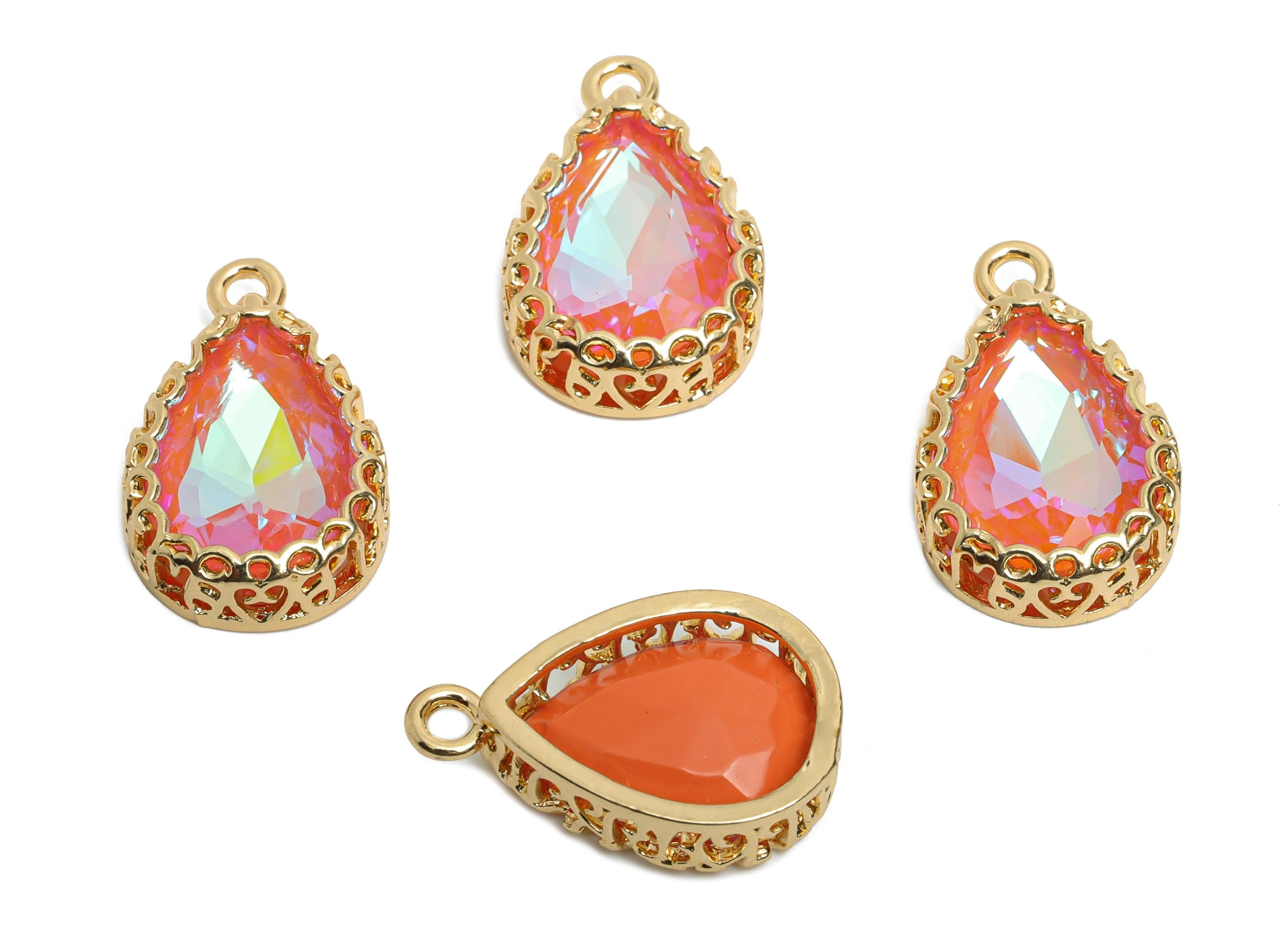 Brass Teardrop Crystal Charm - Rainbow Faceted Crystal Necklace Pendant - Drop Gold-Framed Jewelry DIY - KC Gold Plated - 20x12.6x5mm-GS1192 - DOMEDBAZAAR
