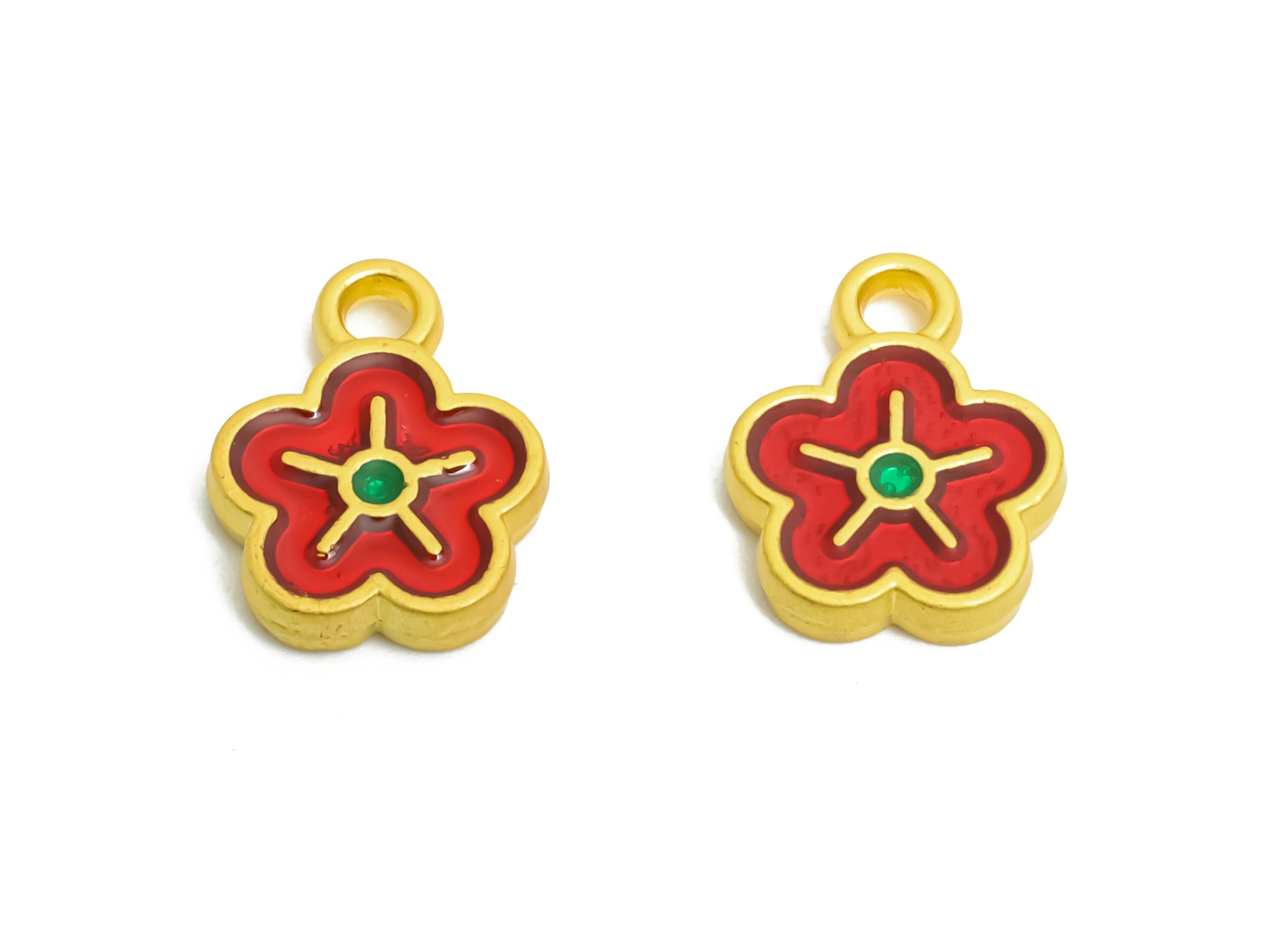 Alloy Tiny Floral Charm - Colorful Enamel for Bracelets - Handmade Bead Jewelry - Handcrafted Charm - 18K Matte Gold - 10x8x1.8mm - ZZ2154 - DOMEDBAZAAR