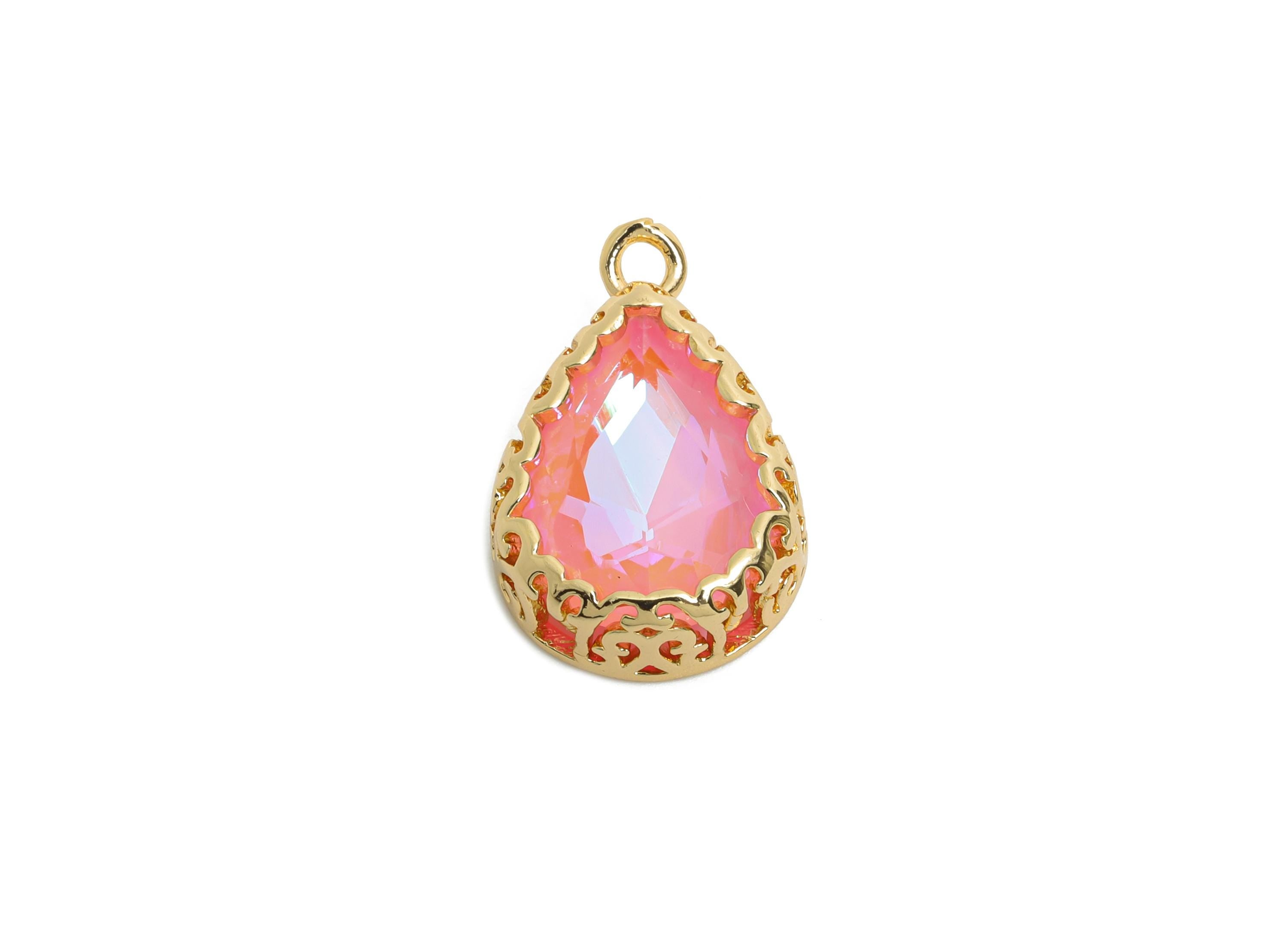 Brass Teardrop Crystal Charm - Pink Faceted Crystal Necklace Pendant - Drop Gold-Framed Jewelry DIY - KC Gold Plated - 20x12.6x5mm - GS1193 - DOMEDBAZAAR