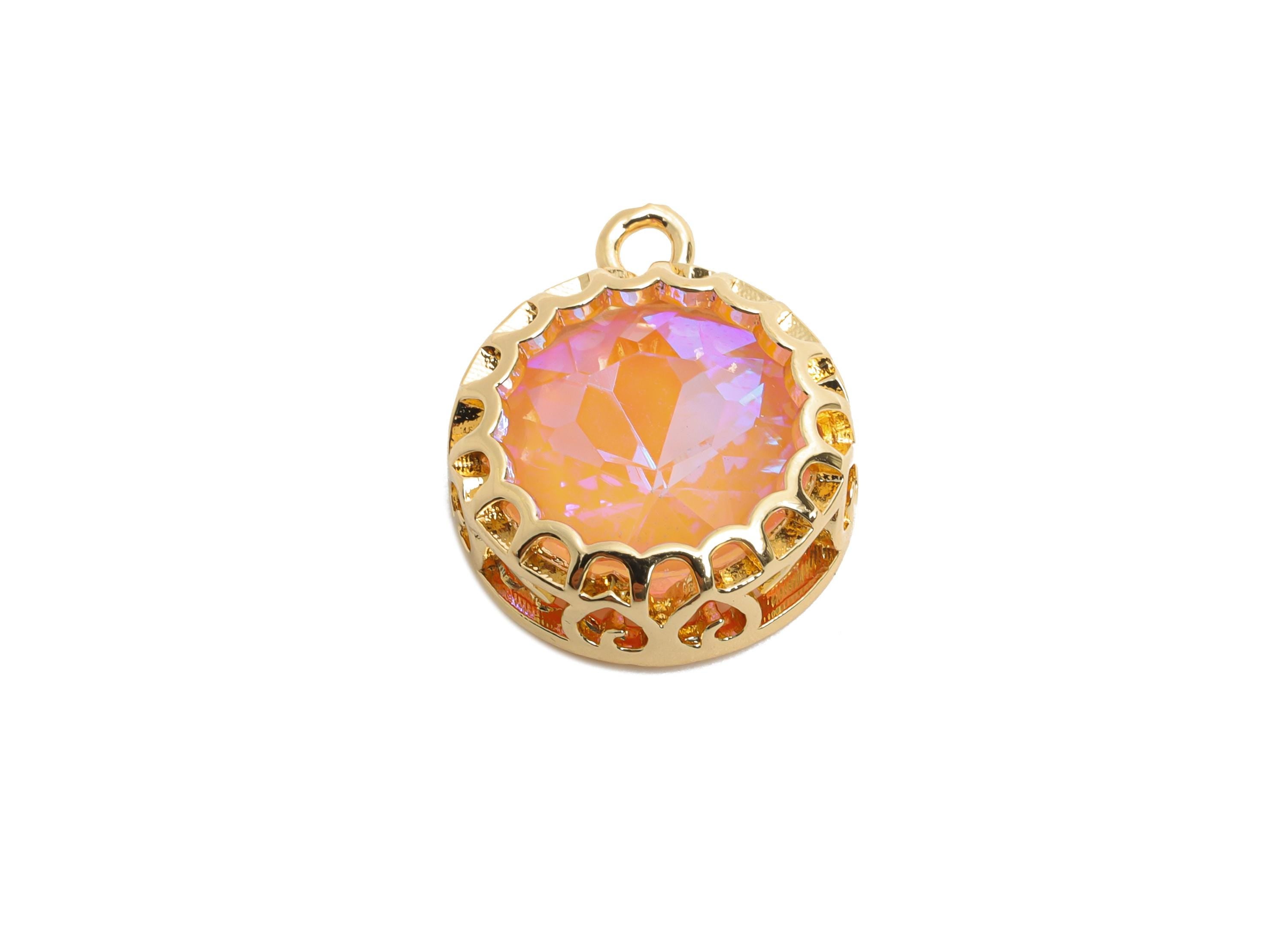 Brass Round Crystal Charms - Pink Faceted Crystal Necklace Pendant - Gold-Framed Jewelry DIY - KC Gold Plated - 17.36x14.2x5.82mm - GS1198 - DOMEDBAZAAR
