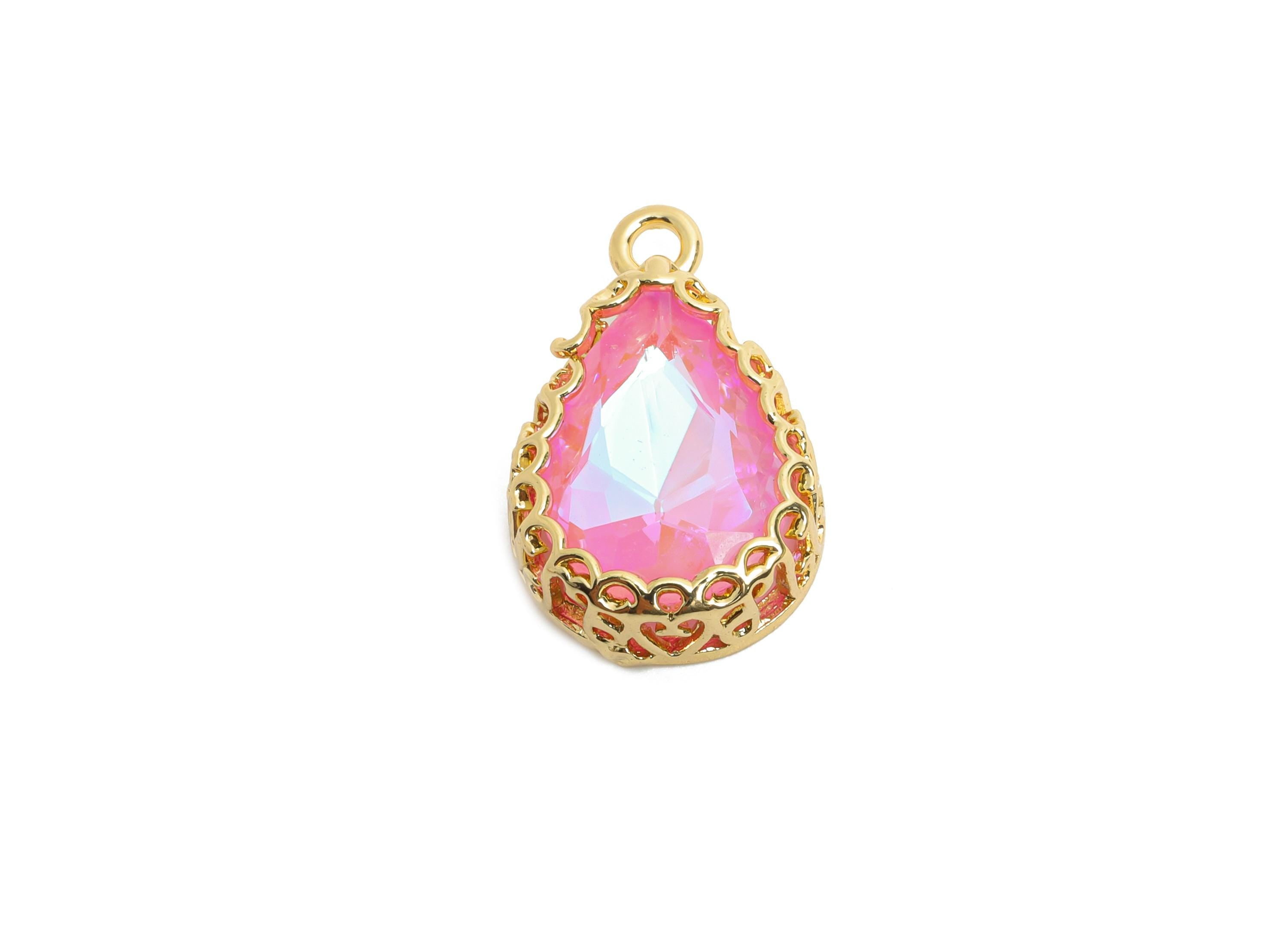 Brass Teardrop Crystal Charm - Pink Faceted Crystal Necklace Pendant - Drop Gold-Framed Jewelry DIY - KC Gold Plated - 20x12.6x5mm - GS1194 - DOMEDBAZAAR