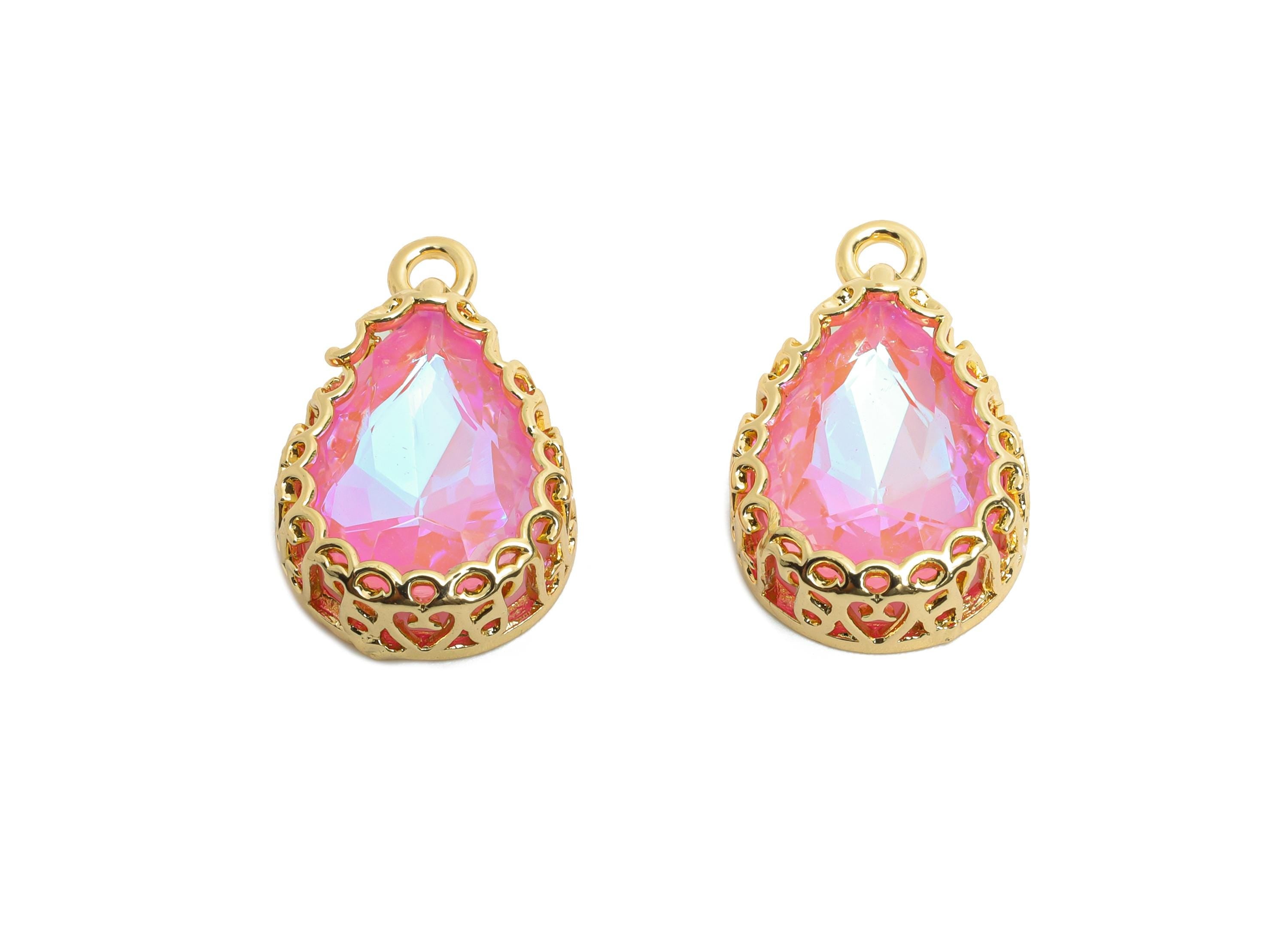 Brass Teardrop Crystal Charm - Pink Faceted Crystal Necklace Pendant - Drop Gold-Framed Jewelry DIY - KC Gold Plated - 20x12.6x5mm - GS1194 - DOMEDBAZAAR