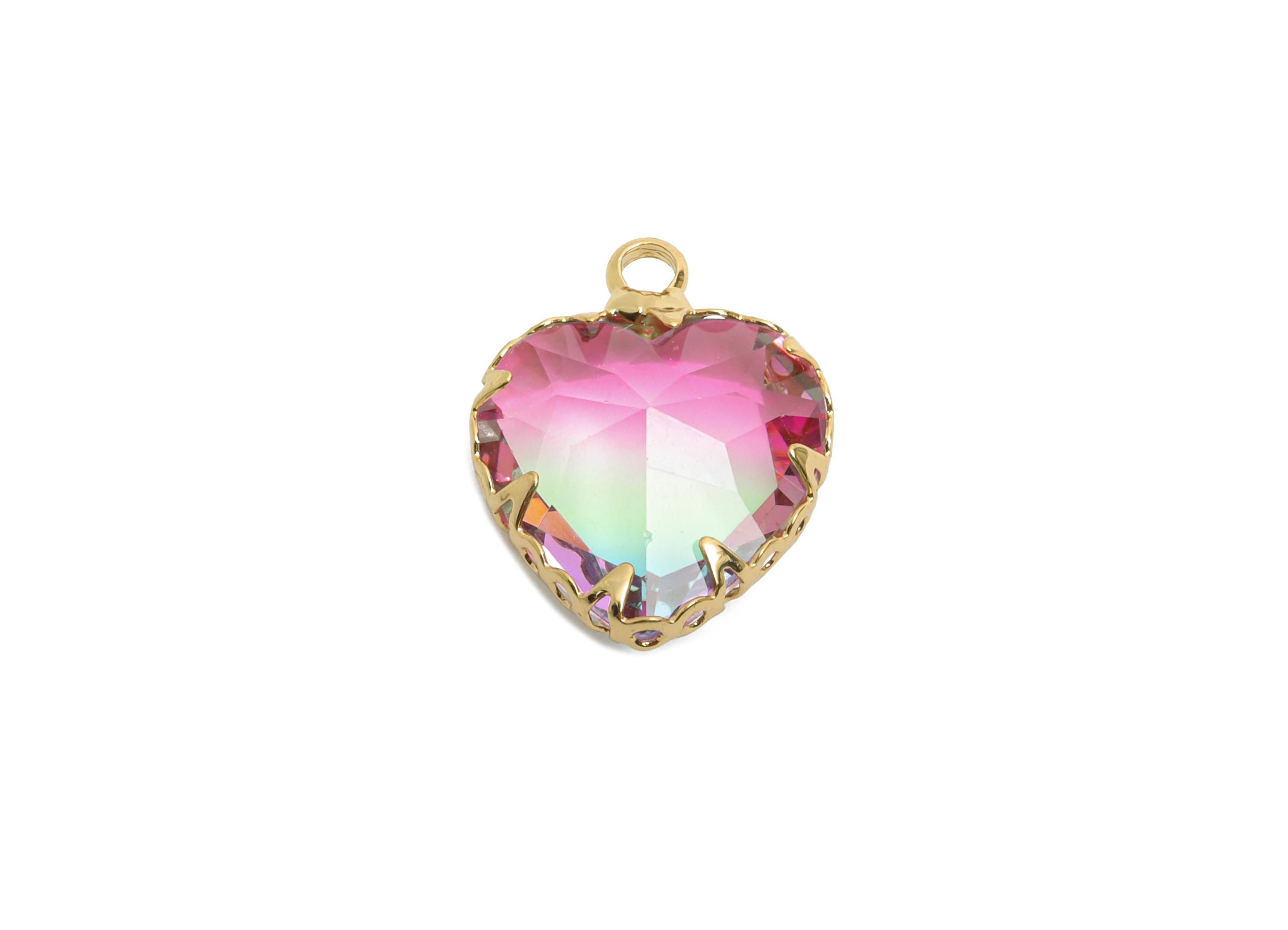 Brass Heart Crystal Bracelet Charm - Rainbow Faceted Crystal Necklace Pendant - Elegant Jewelry - KC Gold Plated - 15.6x12.5x5.6mm - GS1215 - DOMEDBAZAAR