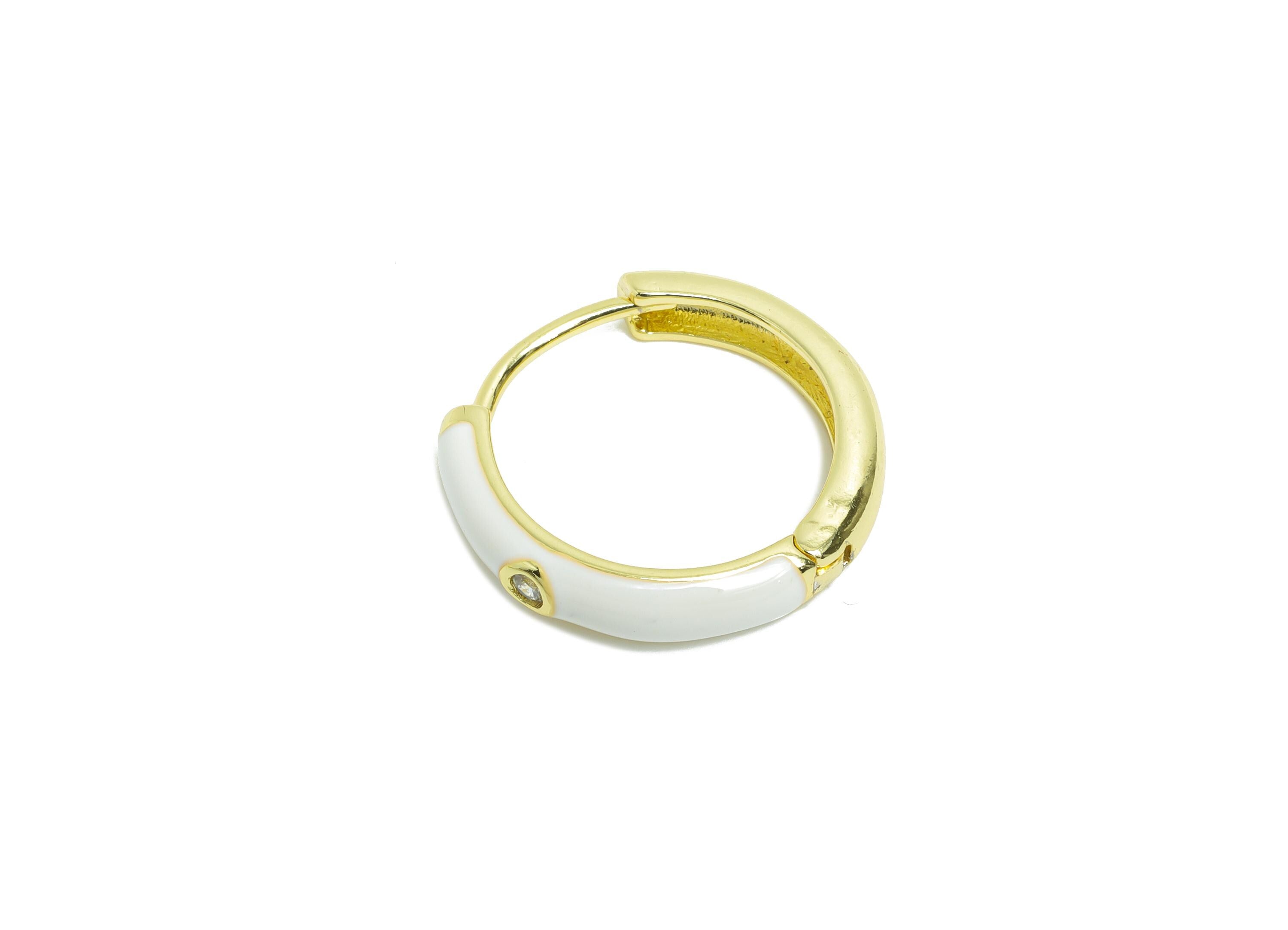 Brass CZ Hoop Earring - White Enamel CZ Huggie Earring - Classic Hoop Minimalist Jewelry - 18K Real Gold Plated -19.49x19.19x3.72mm -RGP9761 - DOMEDBAZAAR