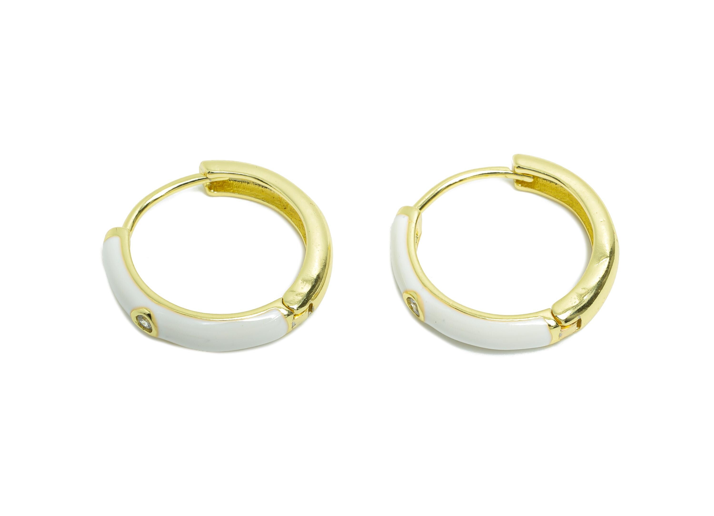 Brass CZ Hoop Earring - White Enamel CZ Huggie Earring - Classic Hoop Minimalist Jewelry - 18K Real Gold Plated -19.49x19.19x3.72mm -RGP9761 - DOMEDBAZAAR