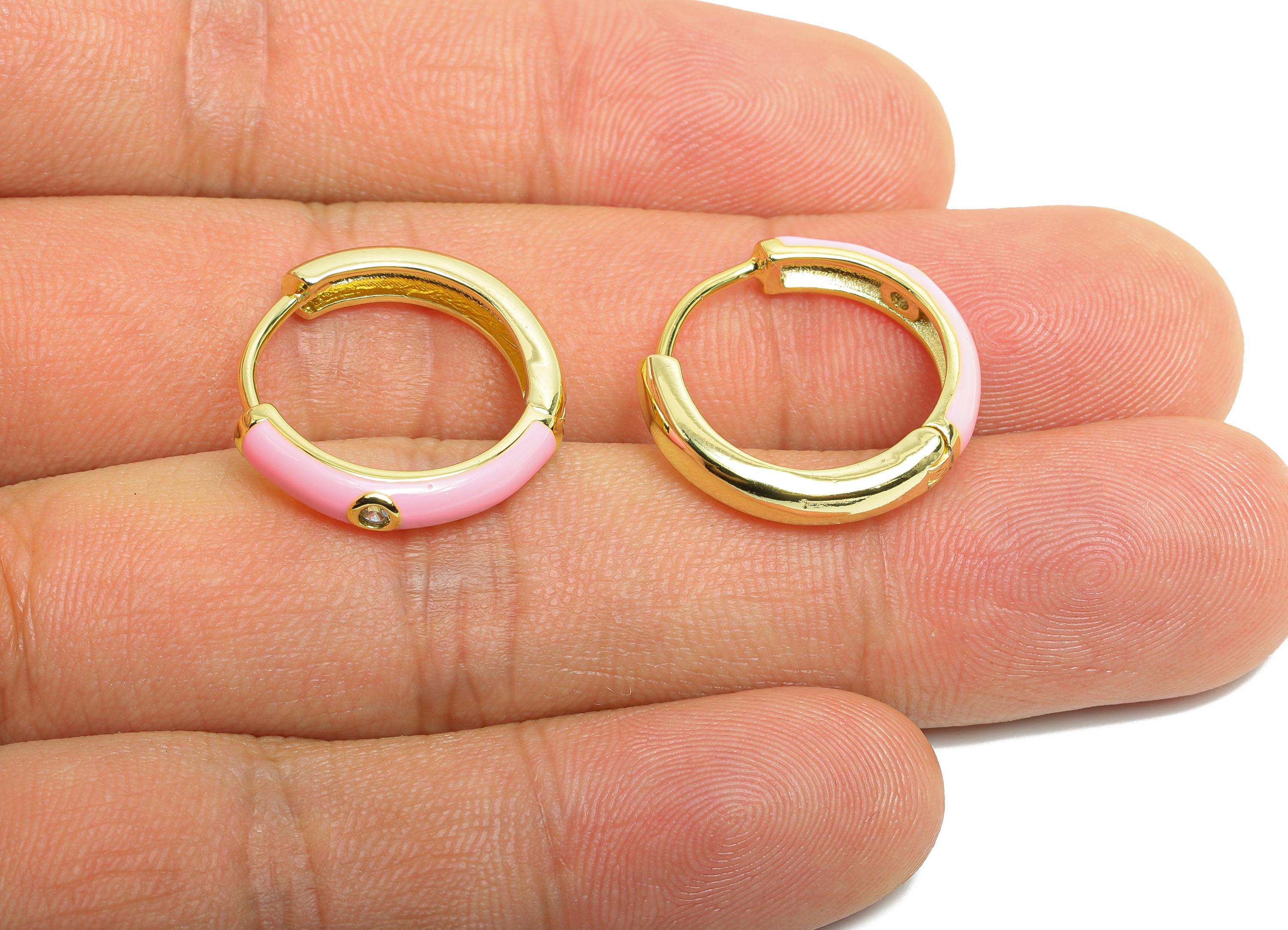 Brass CZ Hoop Earring - Pink Enamel CZ Huggie Earring - Classic Hoop Minimalist Jewelry - 18K Real Gold Plated - 19.49x19.19x3.72mm -RGP9763 - DOMEDBAZAAR