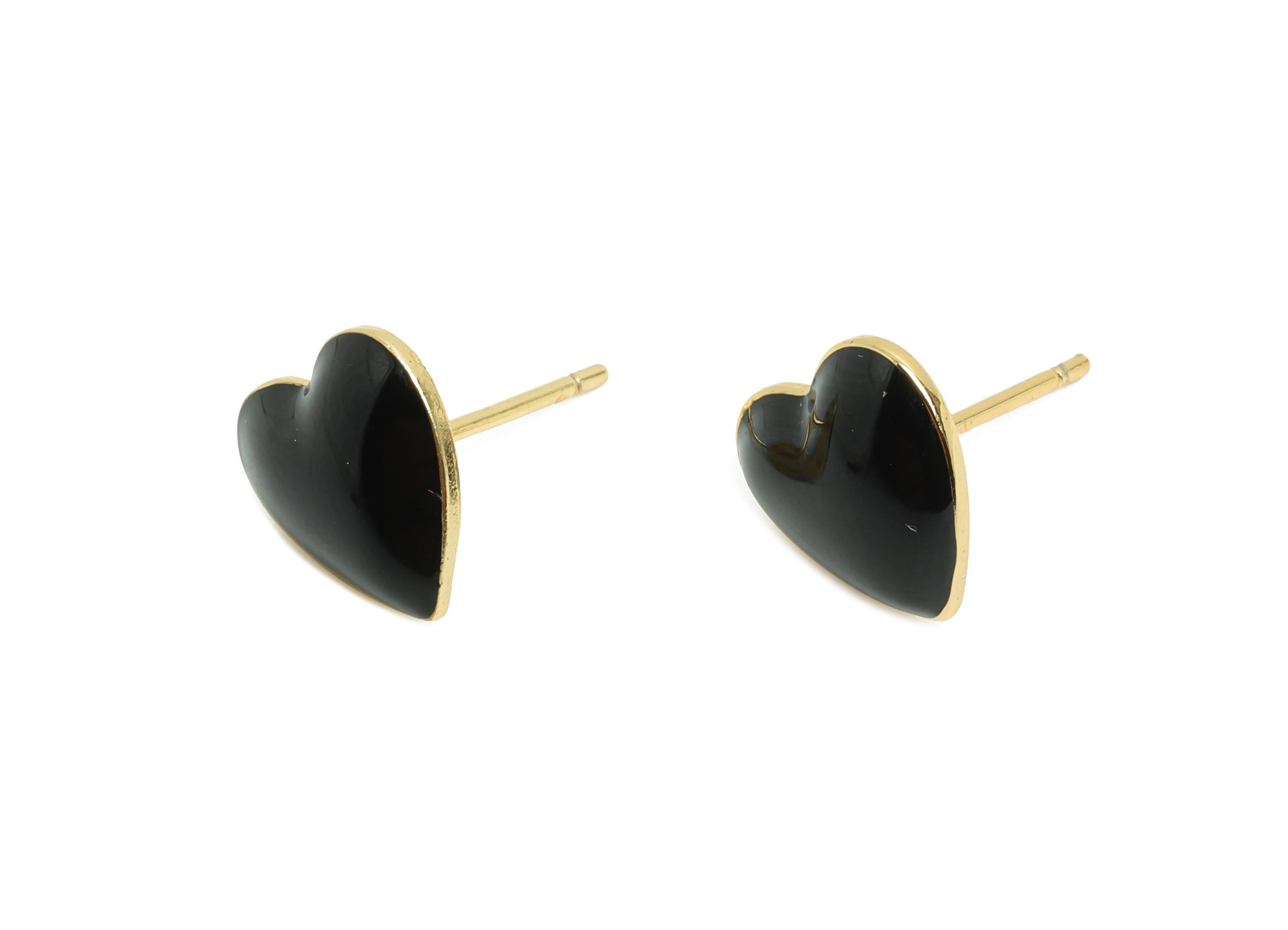 Brass Enamel Heart Stud - Black Enamel Chic Colorful Earrings Stud - Minimalism Jewelry - 18K Real Gold Plating - 9.88x9.74x0.79mm - RGP9822 - DOMEDBAZAAR