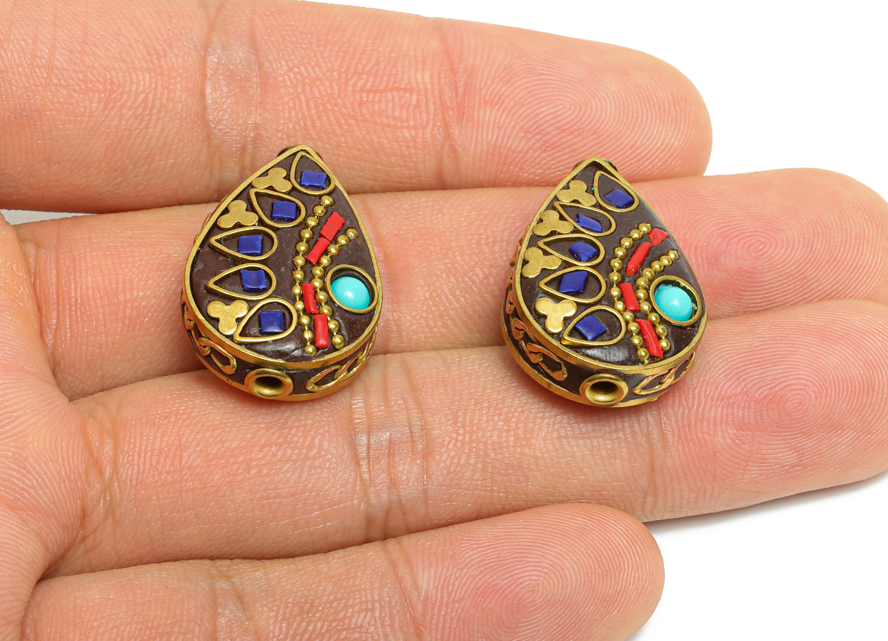 Teardrop Bohemian Bracelet Beads - Resin Nepalese Jewelry Artistry - Dainty  DIY Handmade - For DIY Jewelry - 26x18x9mm - RGP9860 - DOMEDBAZAAR