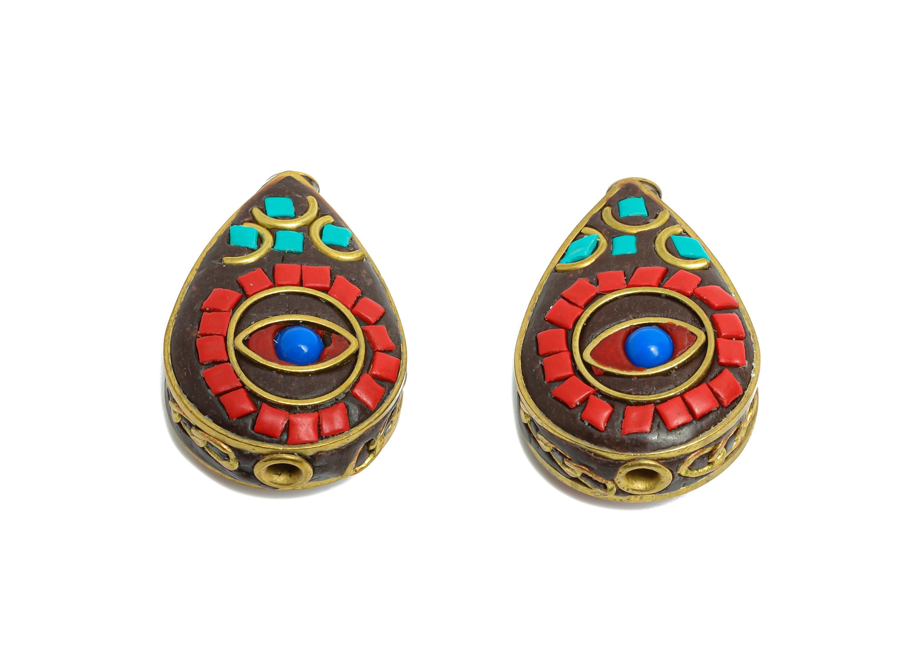 Brass Teardrop Bohemian Bracelet Beads - Resin Nepalese Jewelry Artistry - Dainty  DIY Handmade - For DIY Jewelry - 26x18x9mm - RGP9859 - DOMEDBAZAAR