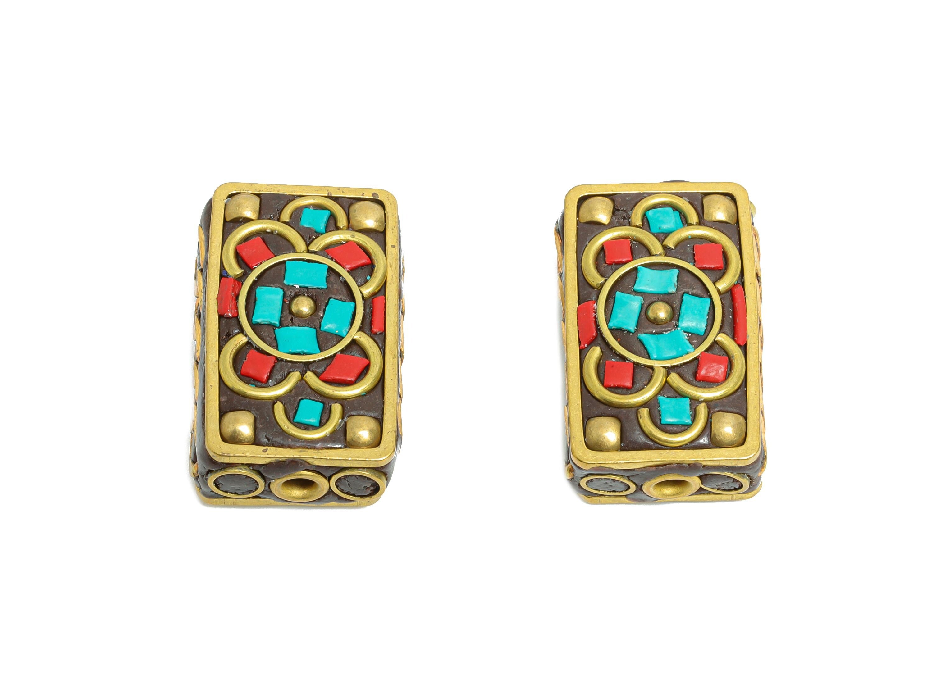 Rectangle Bohemian Bracelet Beads - Resin Nepalese Jewelry Artistry - Dainty  DIY Handmade - For DIY Jewelry - 24x14.81x8.78mm - RGP9858 - DOMEDBAZAAR