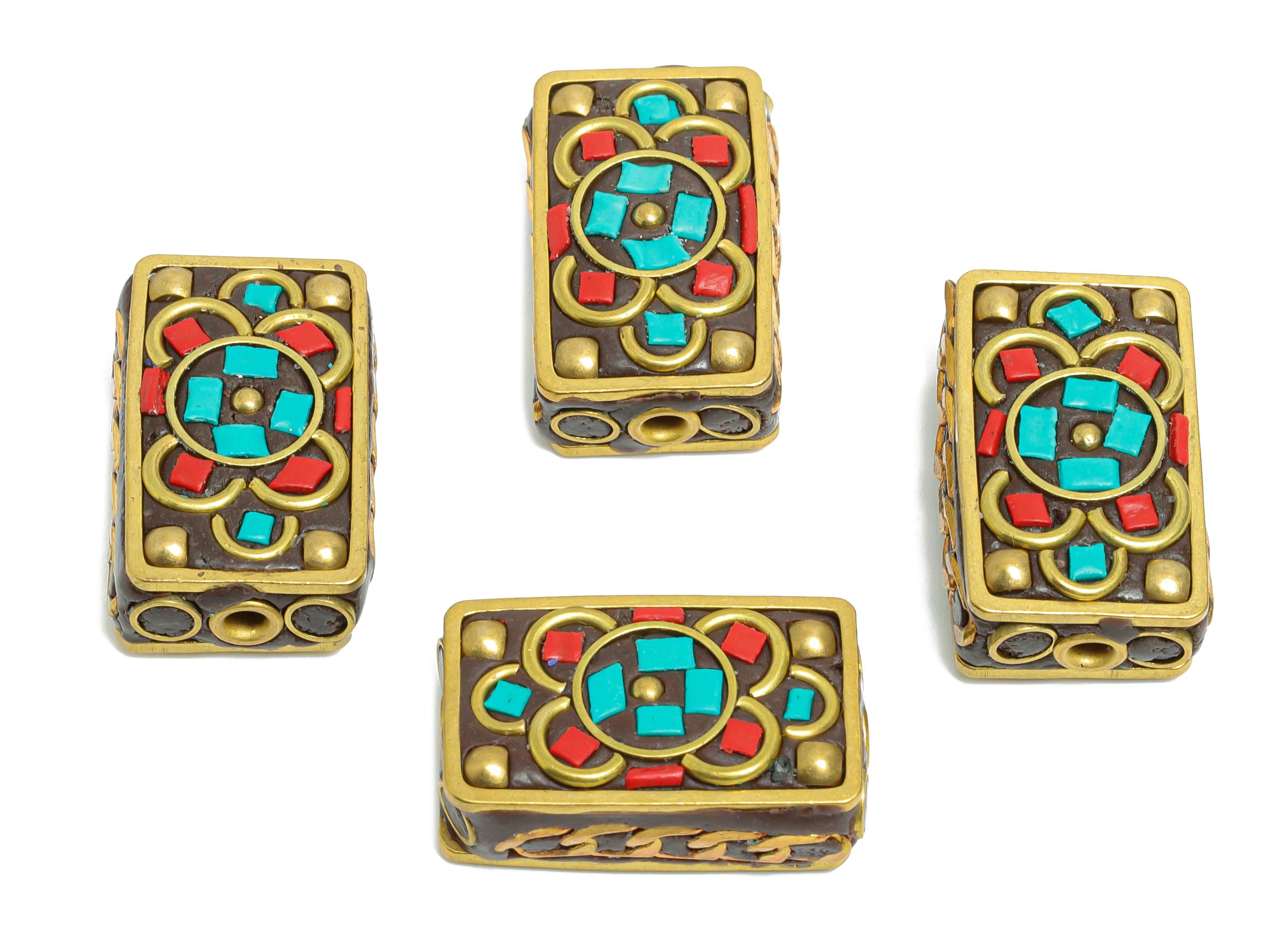 Rectangle Bohemian Bracelet Beads - Resin Nepalese Jewelry Artistry - Dainty  DIY Handmade - For DIY Jewelry - 24x14.81x8.78mm - RGP9858 - DOMEDBAZAAR