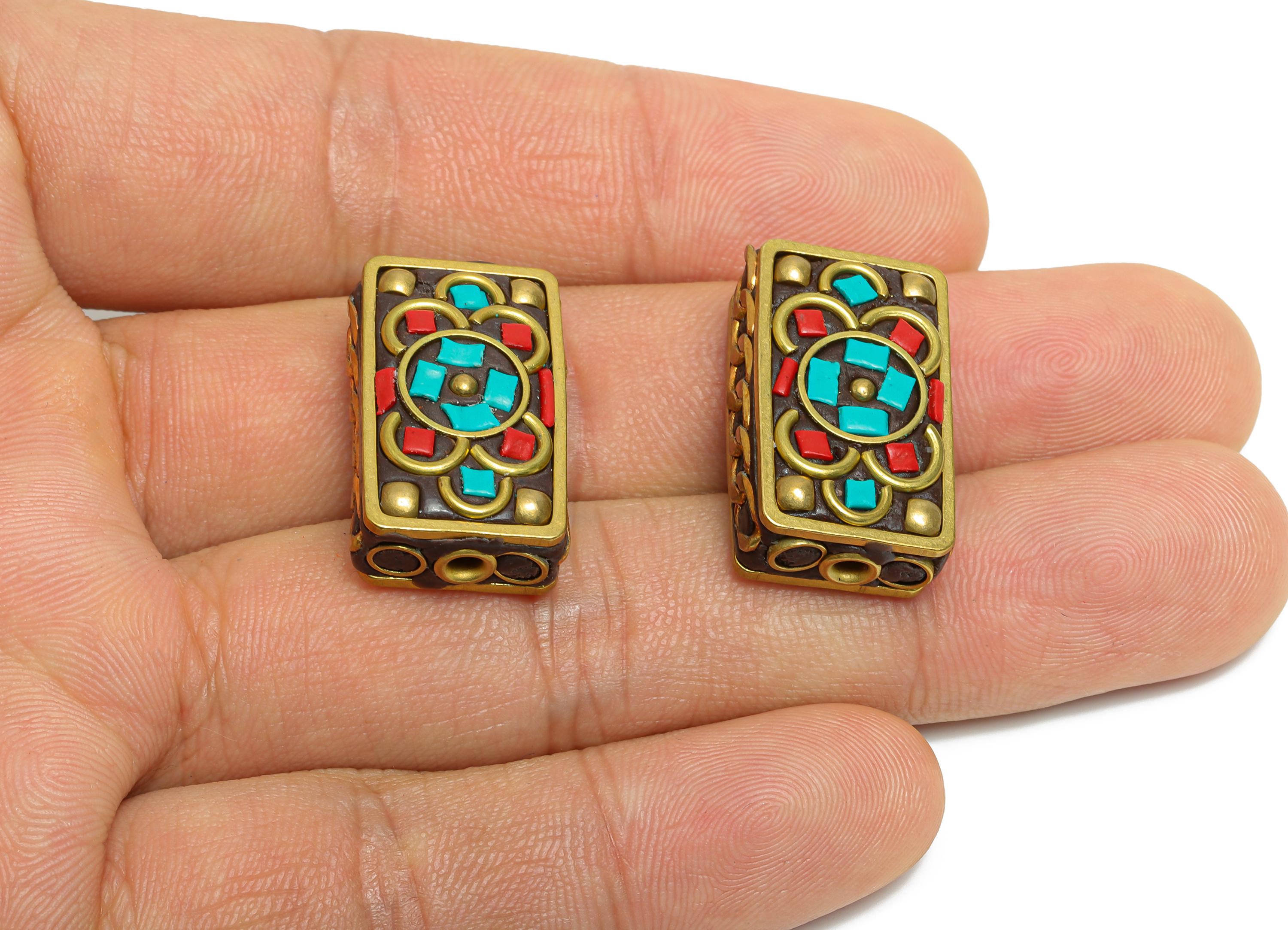 Rectangle Bohemian Bracelet Beads - Resin Nepalese Jewelry Artistry - Dainty  DIY Handmade - For DIY Jewelry - 24x14.81x8.78mm - RGP9858 - DOMEDBAZAAR