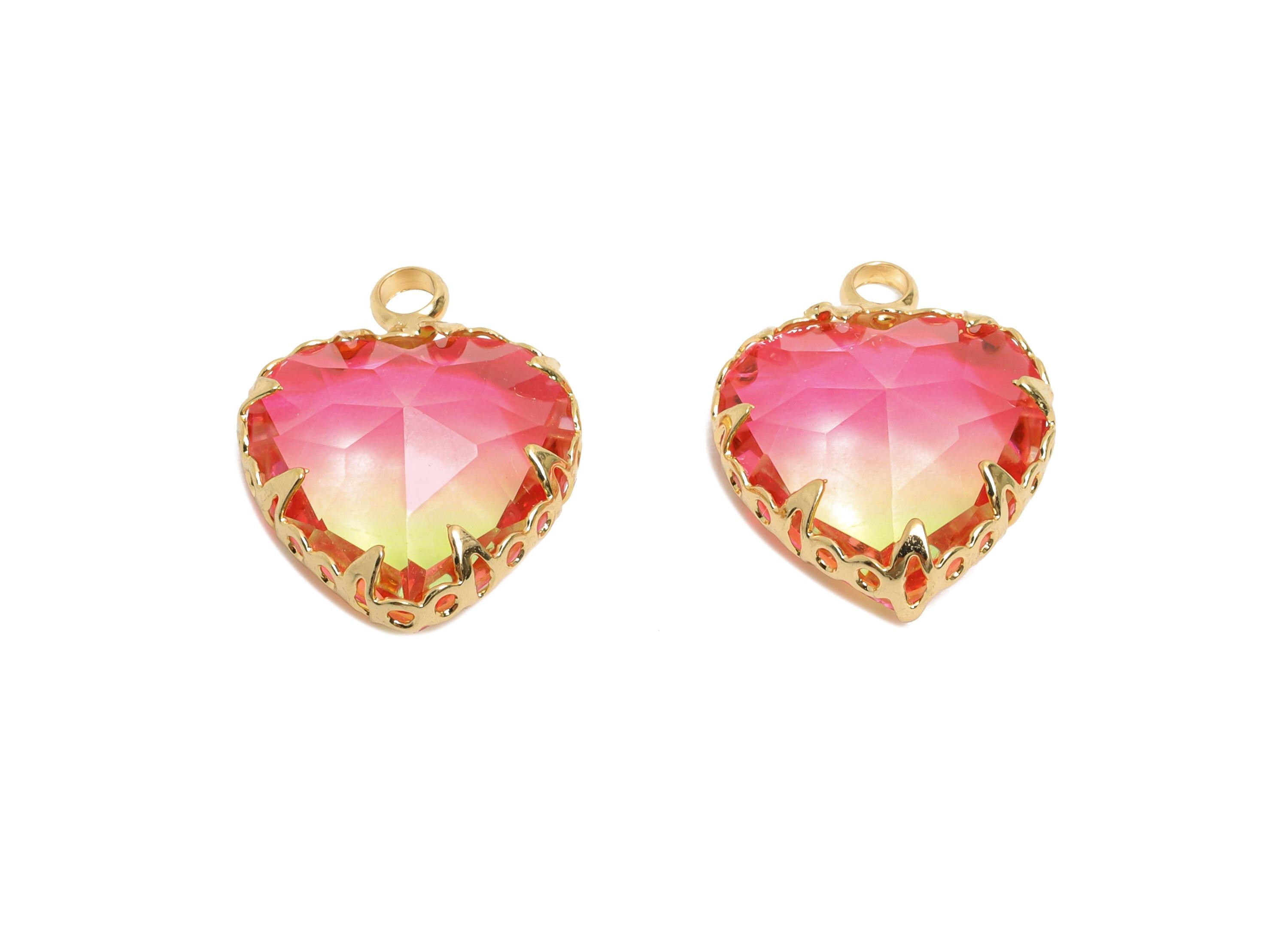 Brass Heart Crystal Bracelet Charm - Sparking Luxury Faceted Crystal Pendant - Romantic Heart Jewelry - KC Gold Plated - 15x12x5mm - GS1213 - DOMEDBAZAAR