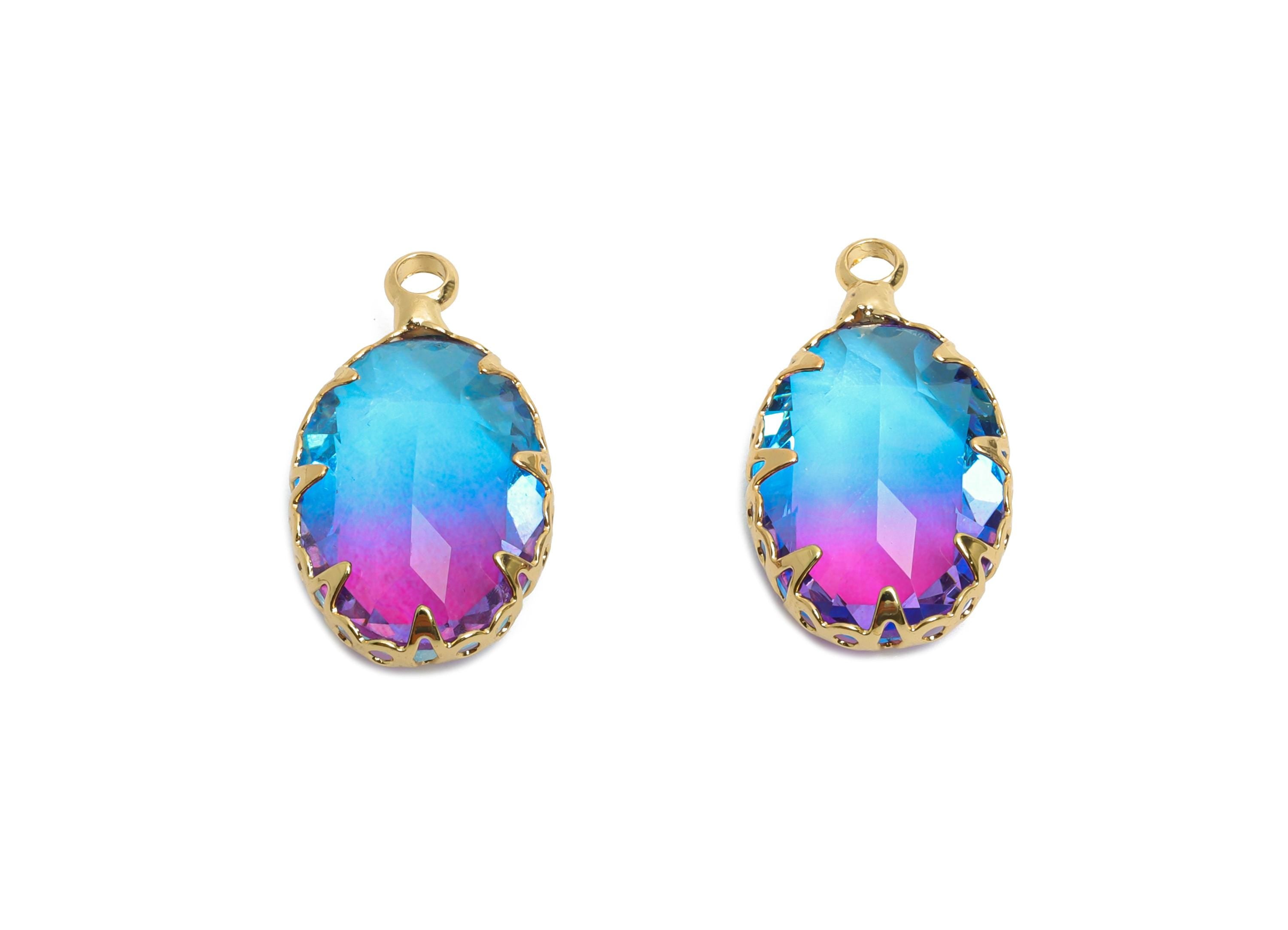 Brass Oval Crystal Charm - Blue and Pink Gradient Pendant - Sparking Lustrous Crystal Focal Charm - KC Gold Plated - 18x10.58x5mm - GS1255 - DOMEDBAZAAR