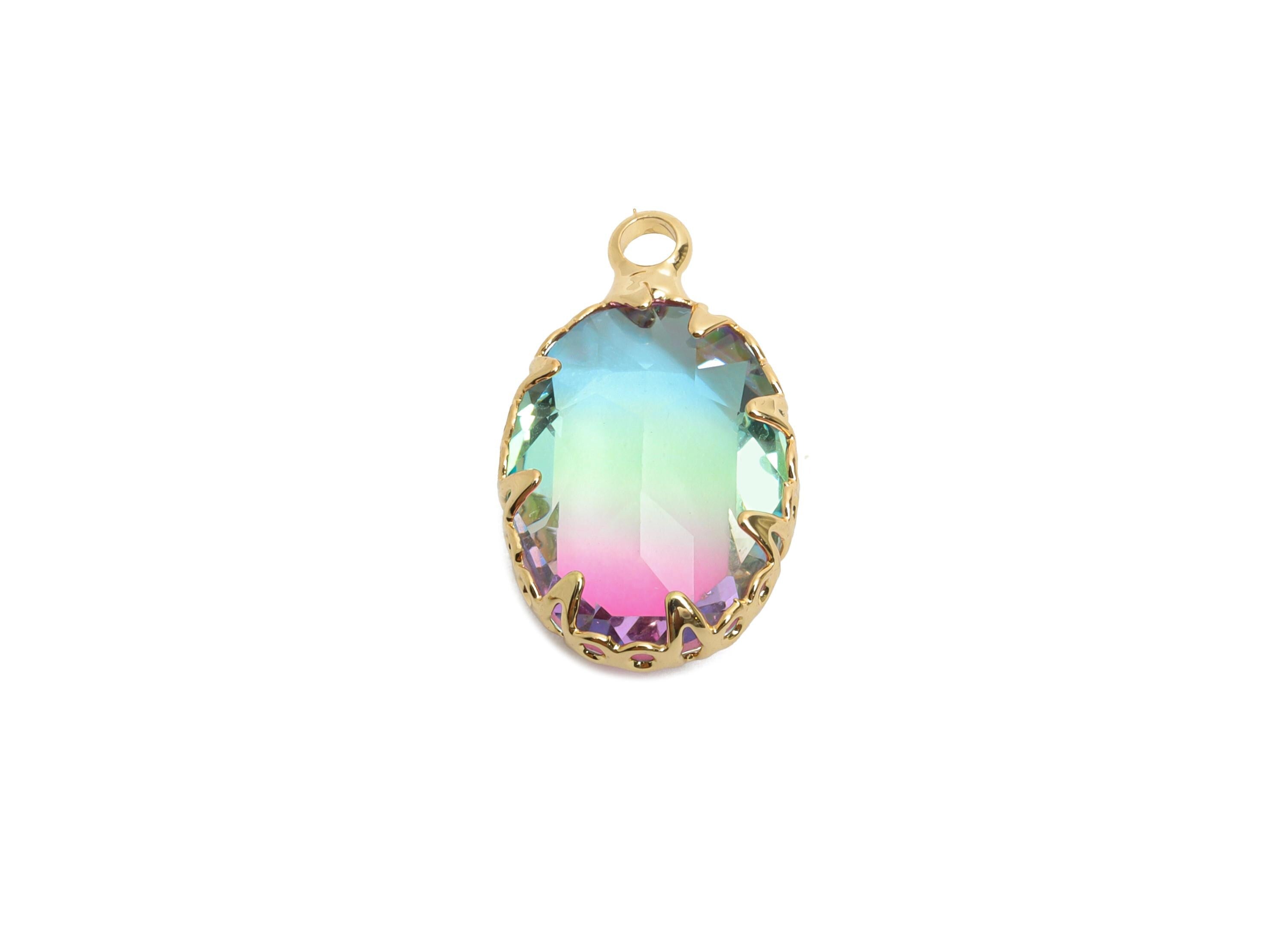 Brass Oval Crystal Charm - Brass Colorful Gradient Pendant - Sparking Lustrous Crystal Focal Charm - KC Gold Plated - 18x10.58x5mm - GS1252 - DOMEDBAZAAR