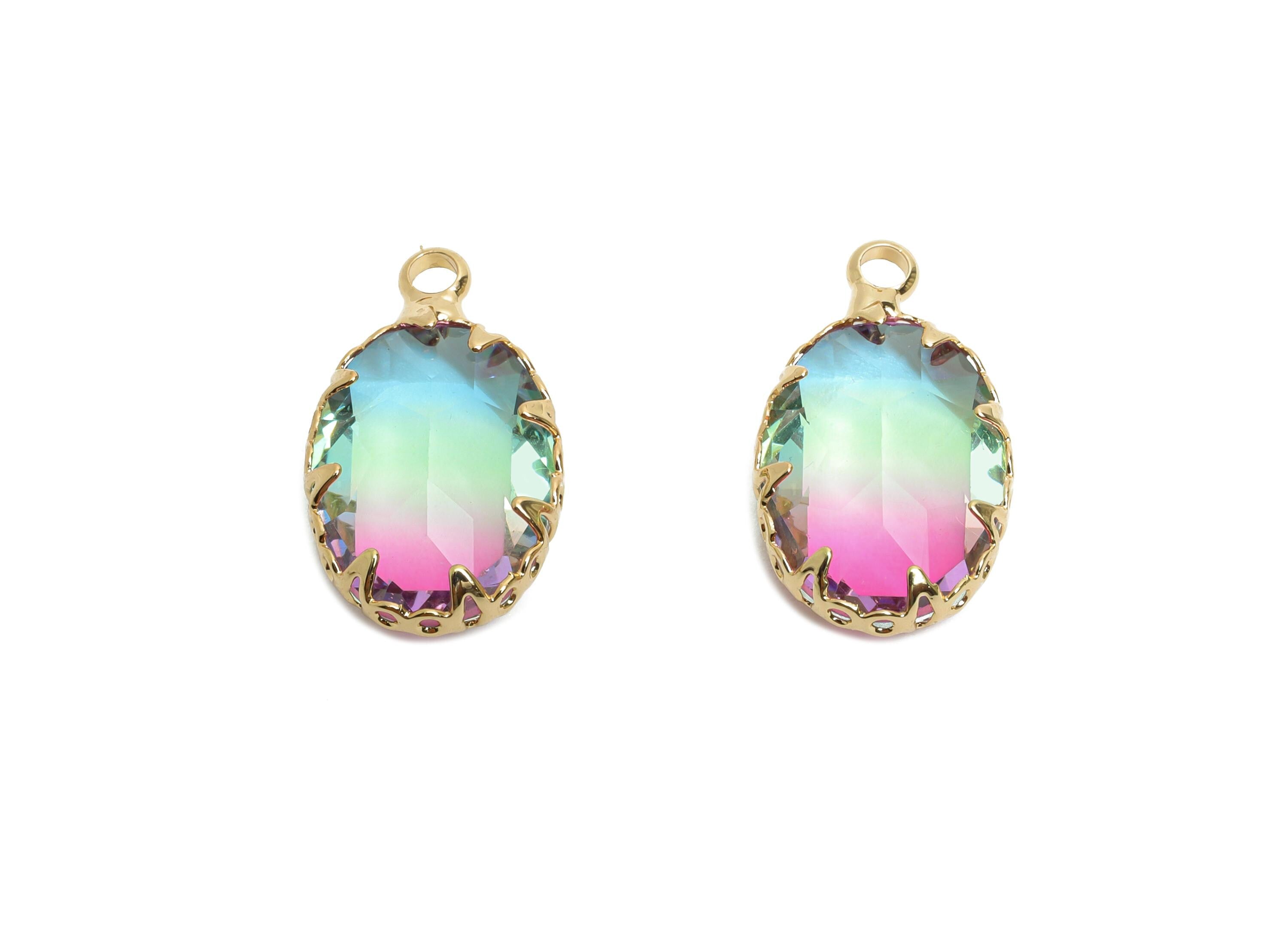 Brass Oval Crystal Charm - Brass Colorful Gradient Pendant - Sparking Lustrous Crystal Focal Charm - KC Gold Plated - 18x10.58x5mm - GS1252 - DOMEDBAZAAR