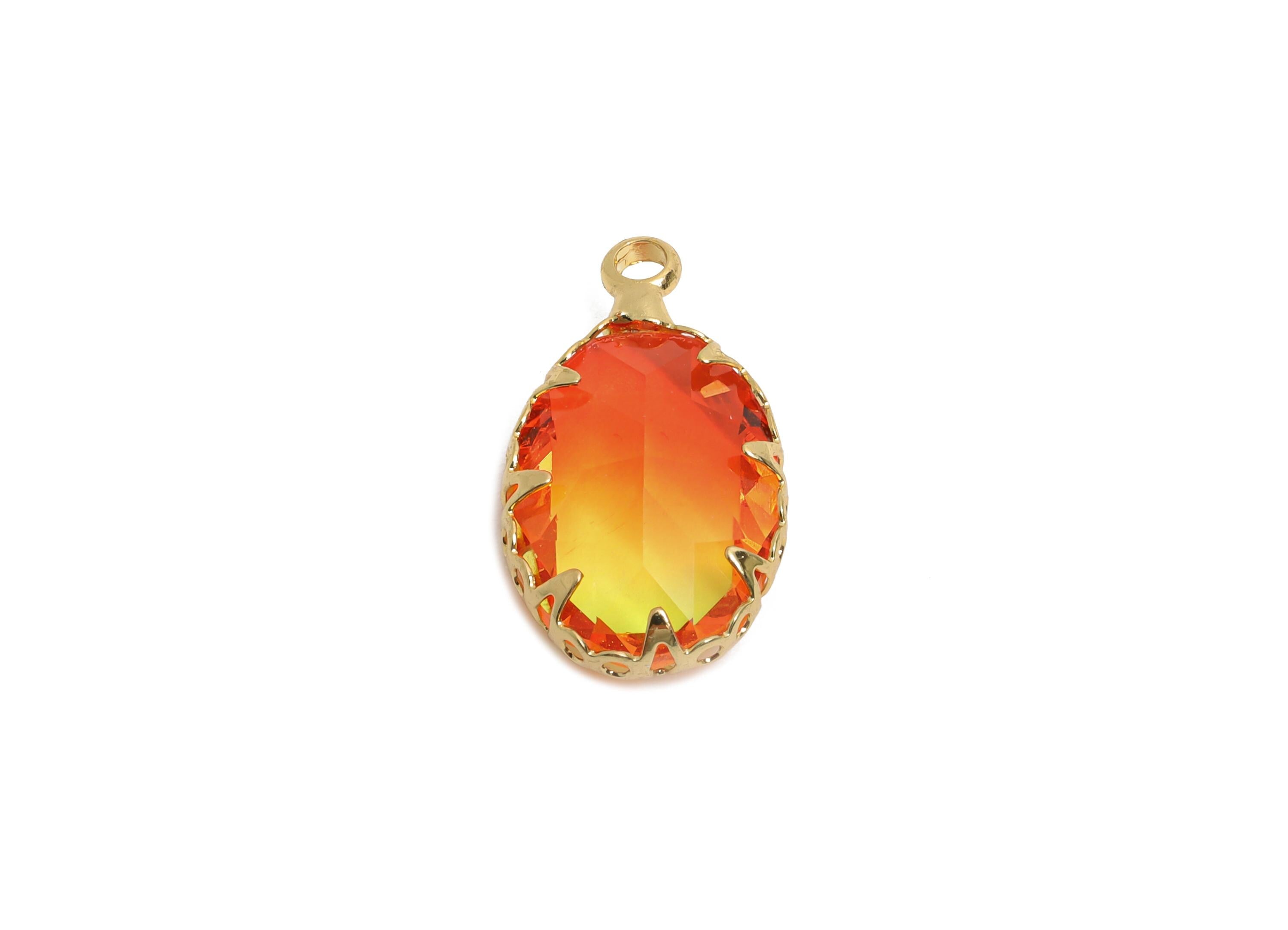Brass Oval Crystal Charm - Geometry Orange Gradient Pendant - Sparking Lustrous Crystal Focal Charm - KC Gold Plated - 18x10.58x5mm - GS1256 - DOMEDBAZAAR