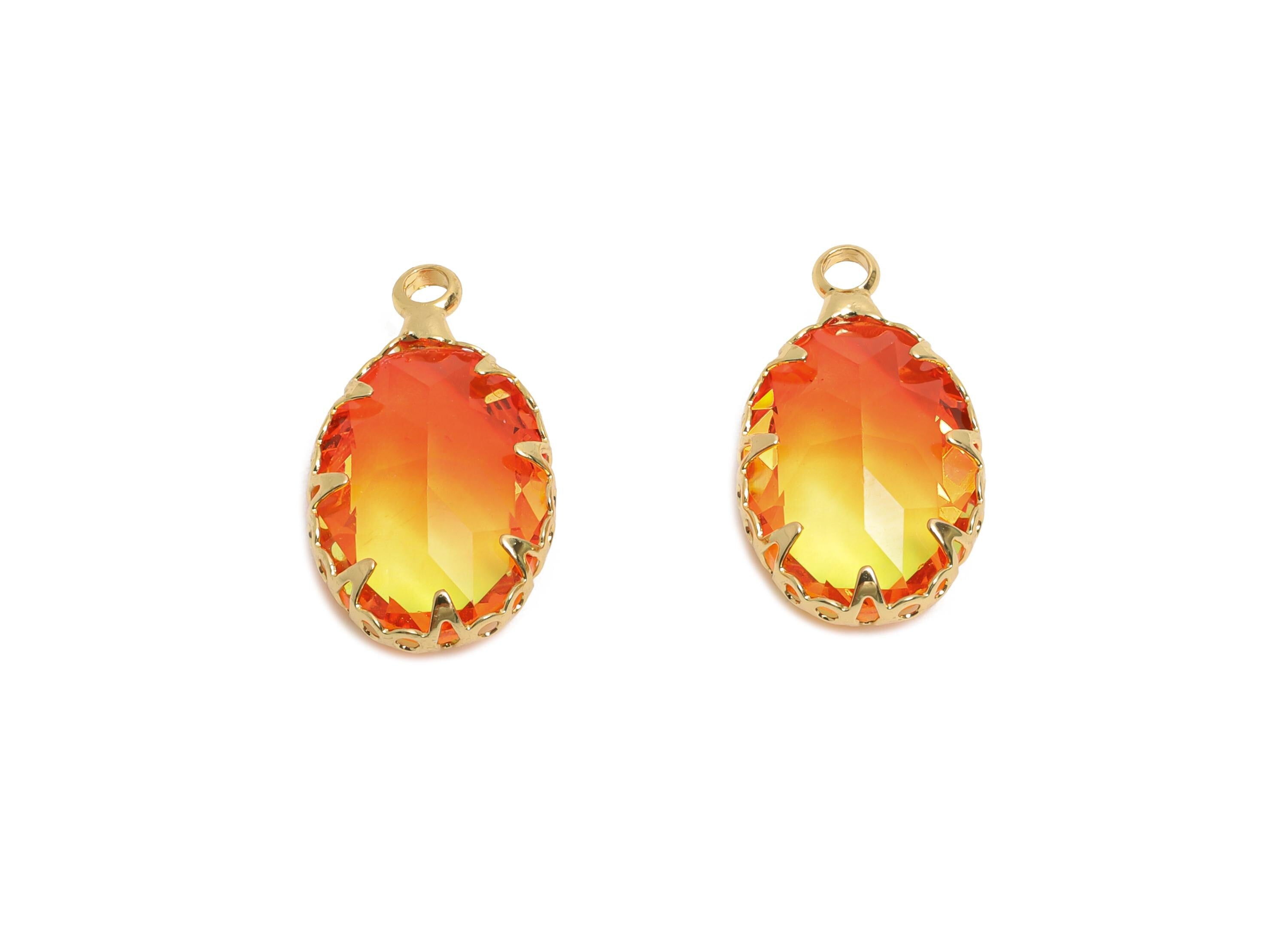 Brass Oval Crystal Charm - Geometry Orange Gradient Pendant - Sparking Lustrous Crystal Focal Charm - KC Gold Plated - 18x10.58x5mm - GS1256 - DOMEDBAZAAR