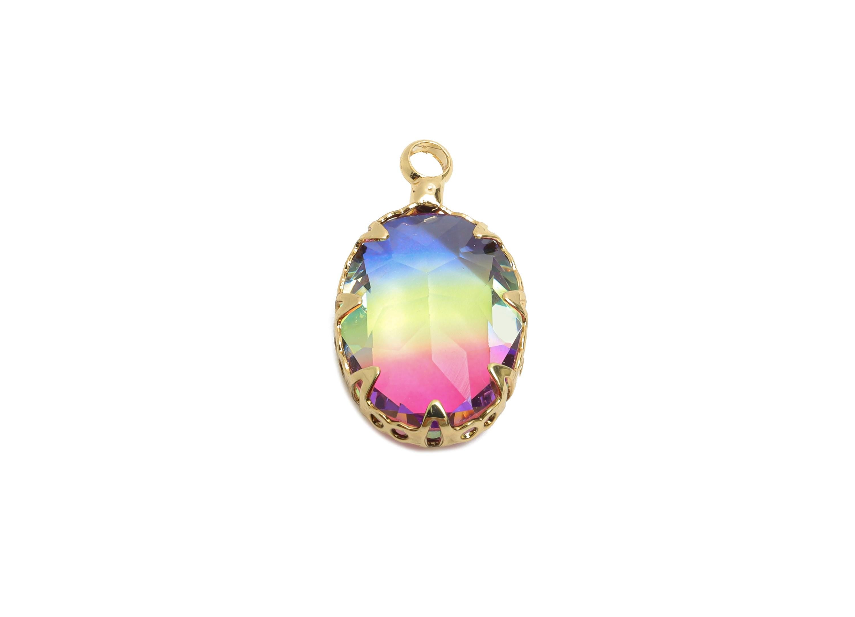 Brass Oval Crystal Charm - Brass Rainbow Gradient Pendant - Sparking Lustrous Crystal Focal Charm - KC Gold Plated - 18x10.58x5mm - GS1254 - DOMEDBAZAAR