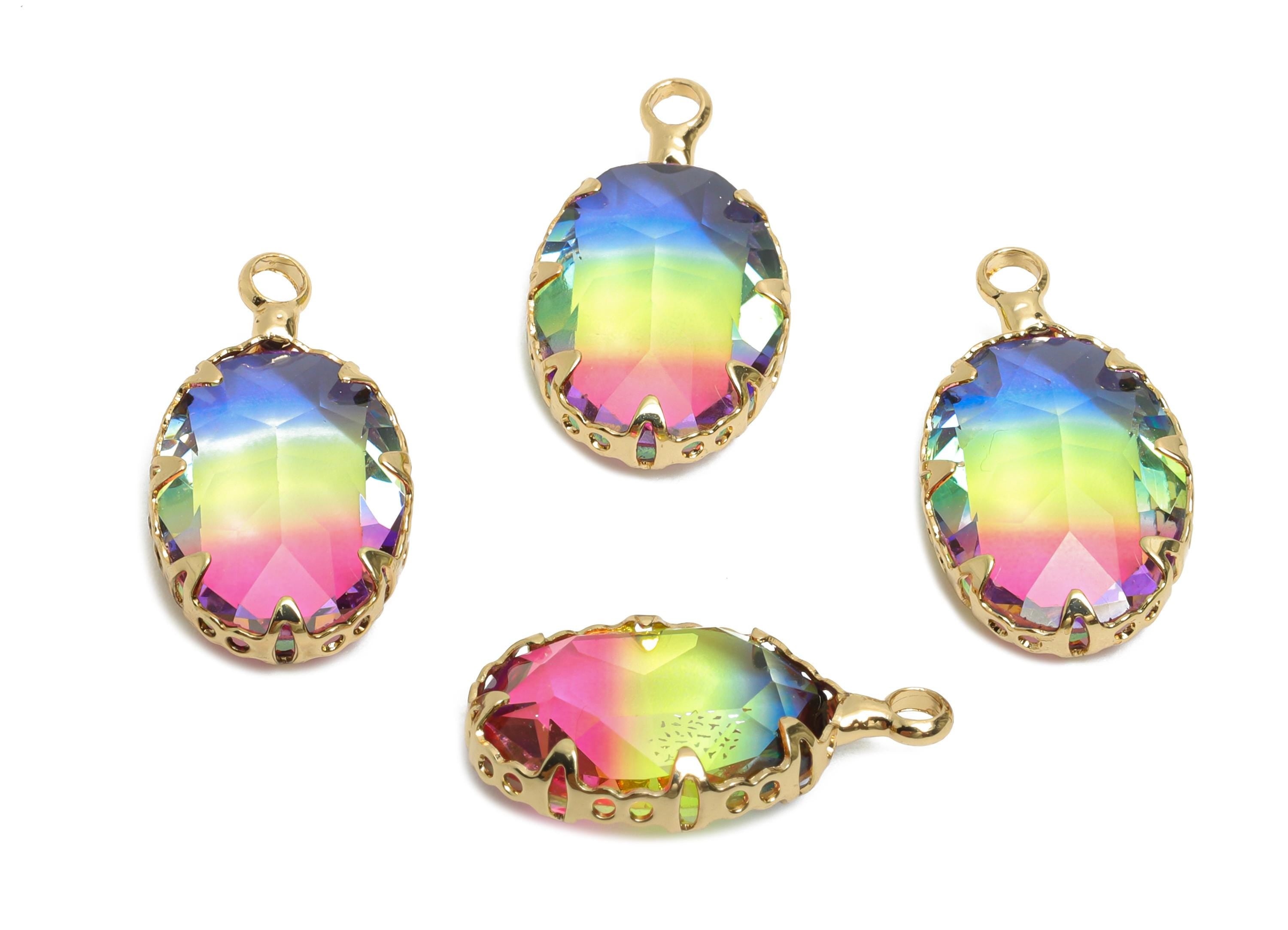 Brass Oval Crystal Charm - Brass Rainbow Gradient Pendant - Sparking Lustrous Crystal Focal Charm - KC Gold Plated - 18x10.58x5mm - GS1254 - DOMEDBAZAAR