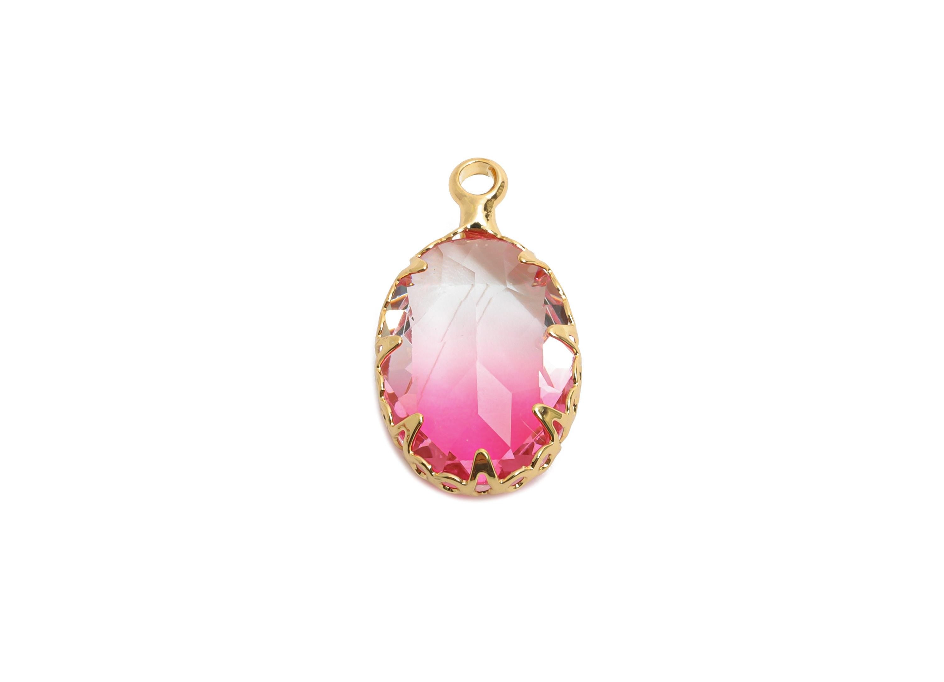 Brass Oval Crystal Charm - Pink Gradient Pendant - Sparkling Faceted Crystal Charm - Luxury Jewelry - KC Gold Plated - 18x10.58x5mm - GS1253 - DOMEDBAZAAR
