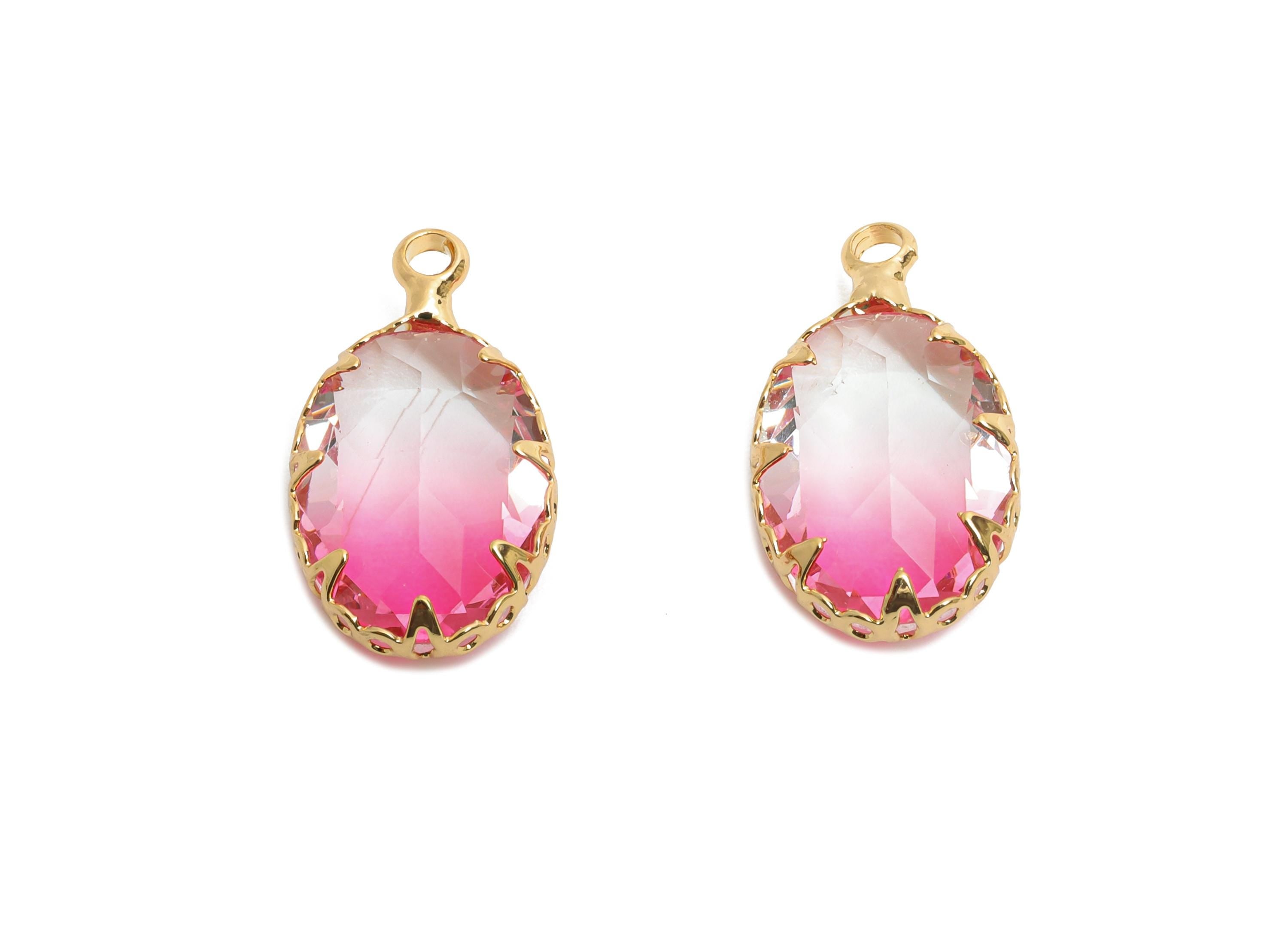 Brass Oval Crystal Charm - Pink Gradient Pendant - Sparkling Faceted Crystal Charm - Luxury Jewelry - KC Gold Plated - 18x10.58x5mm - GS1253 - DOMEDBAZAAR