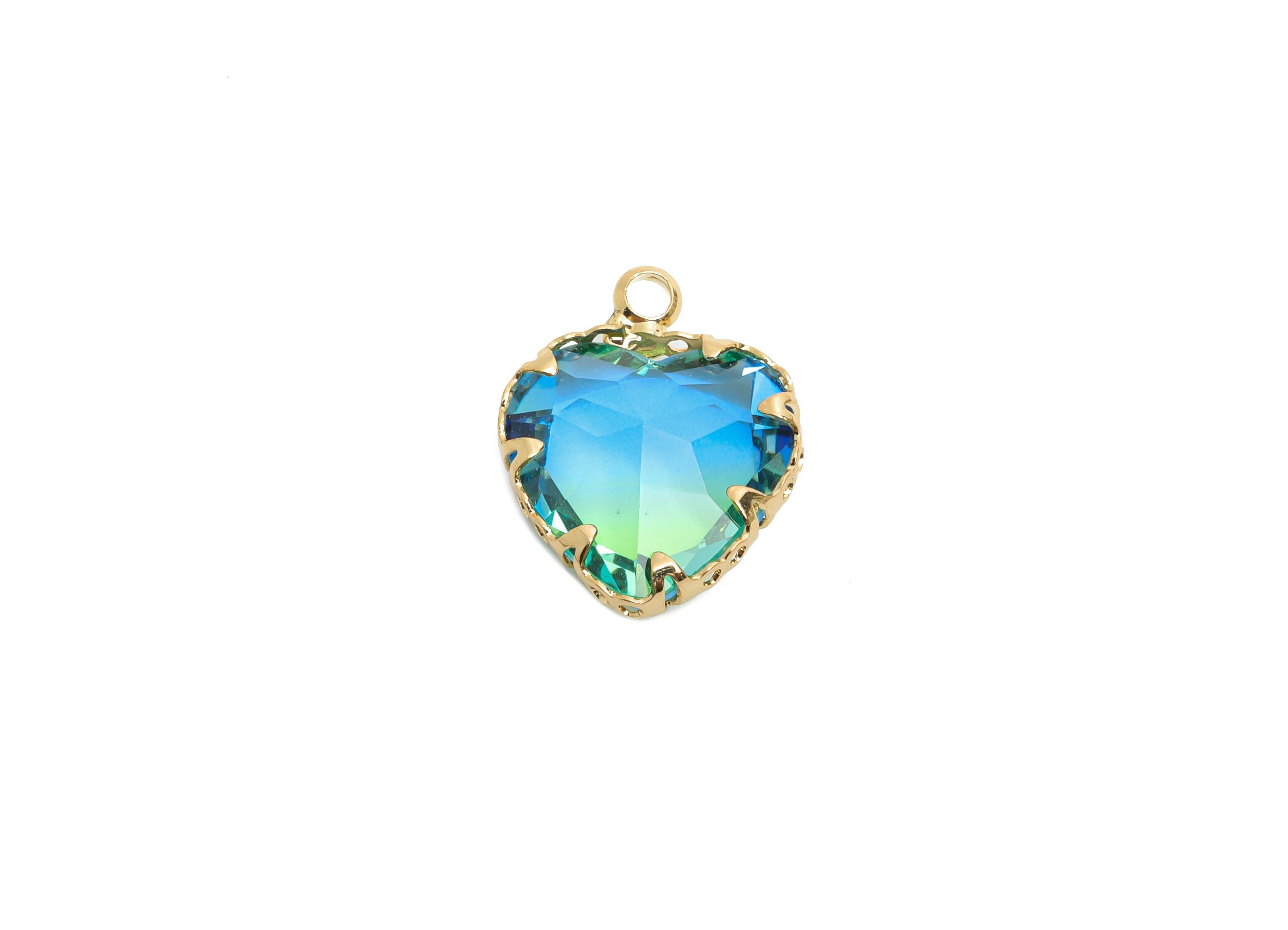 Brass Heart Crystal Bracelet Charm - Luxury Blue Faceted Crystal Pendant - Romantic Heart Jewelry Accent - KC Gold Plated - 15x12x5mm-GS1216 - DOMEDBAZAAR