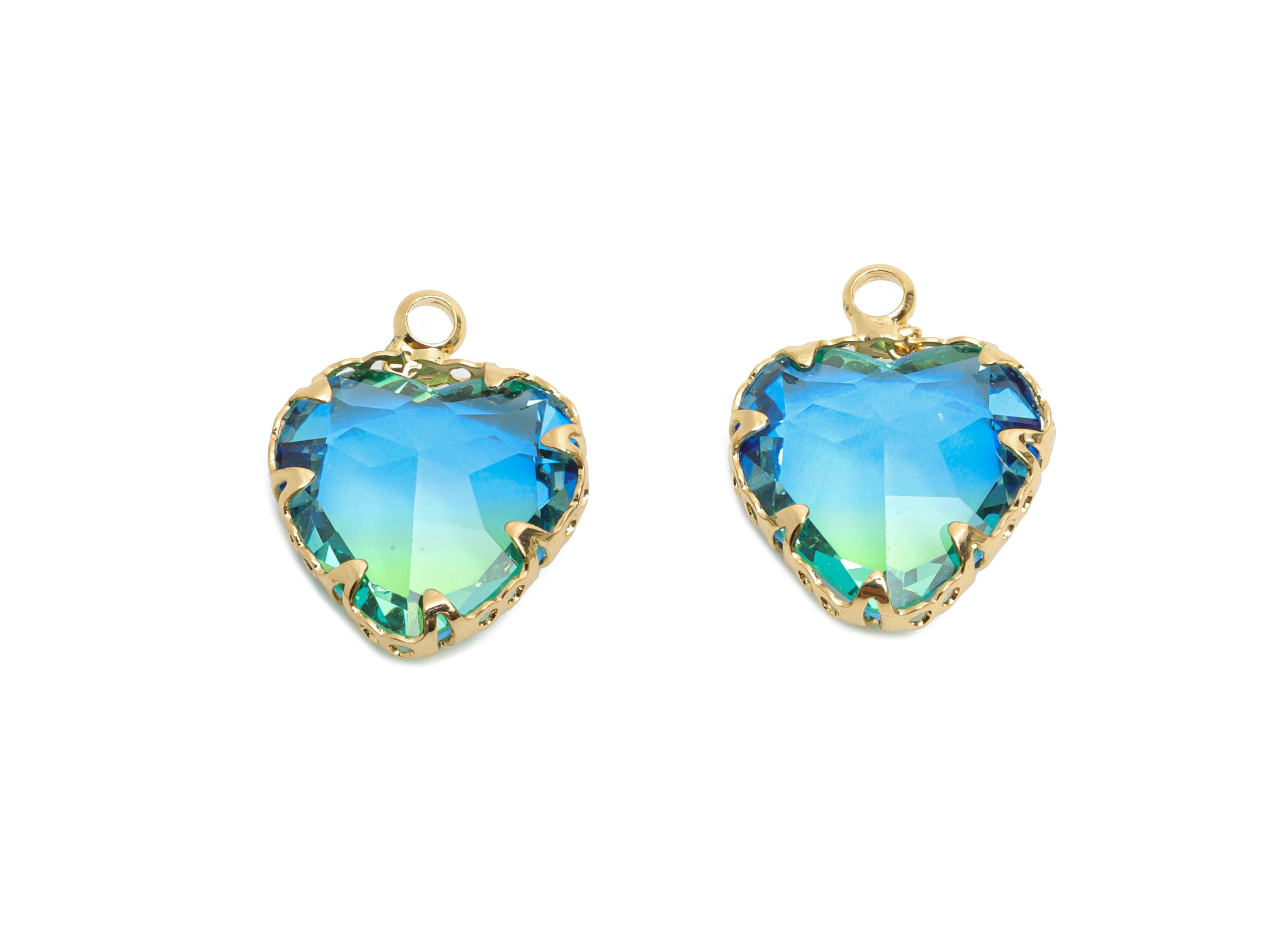 Brass Heart Crystal Bracelet Charm - Luxury Blue Faceted Crystal Pendant - Romantic Heart Jewelry Accent - KC Gold Plated - 15x12x5mm-GS1216 - DOMEDBAZAAR