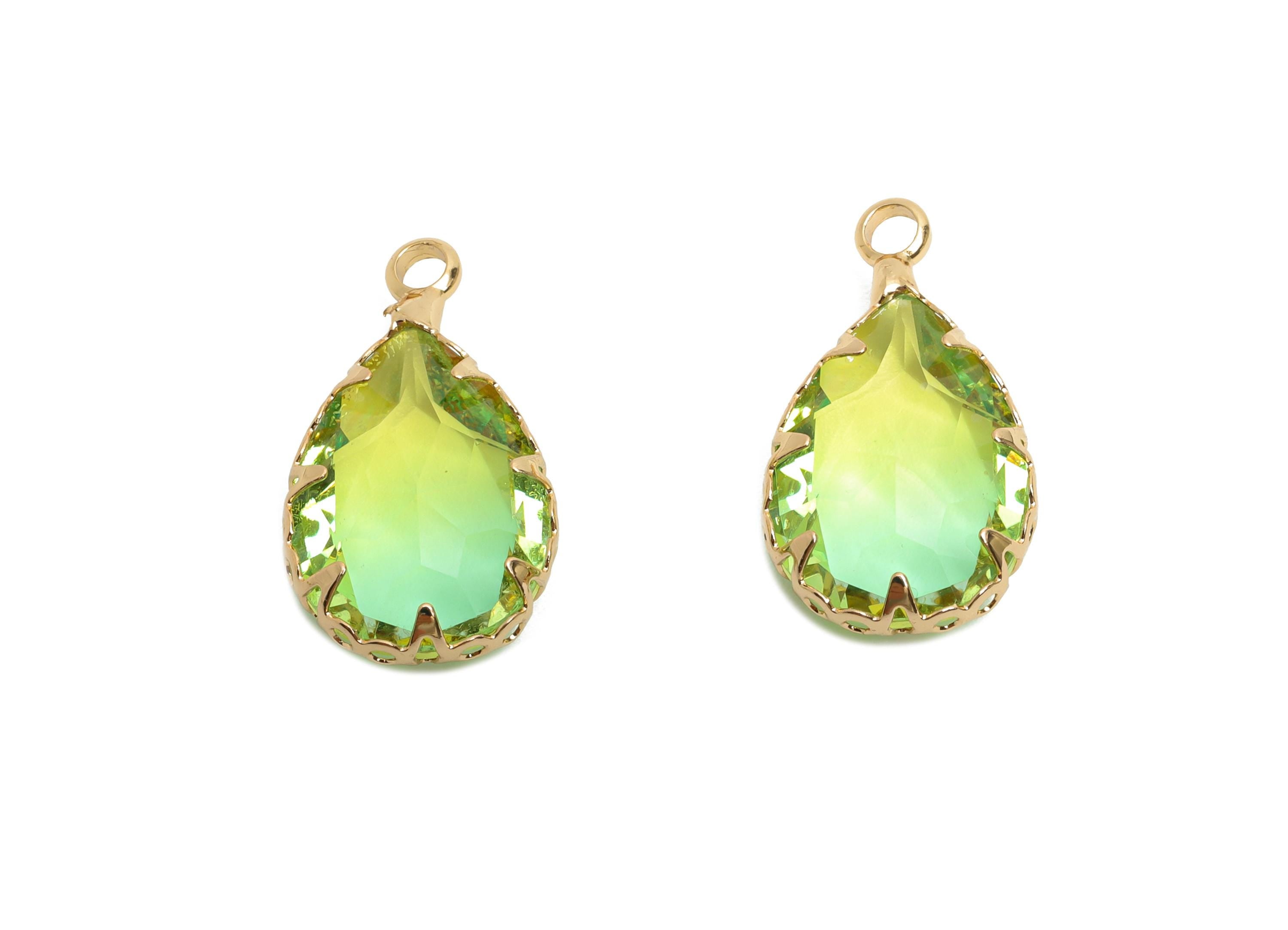 Teardrop Gemstone Pendant - Brass Green Crystal Charm - Teardrop Cut Crystal Pendant - Radiant Jewelry - KC Gold Plated - 16x10x5mm - GS1273 - DOMEDBAZAAR