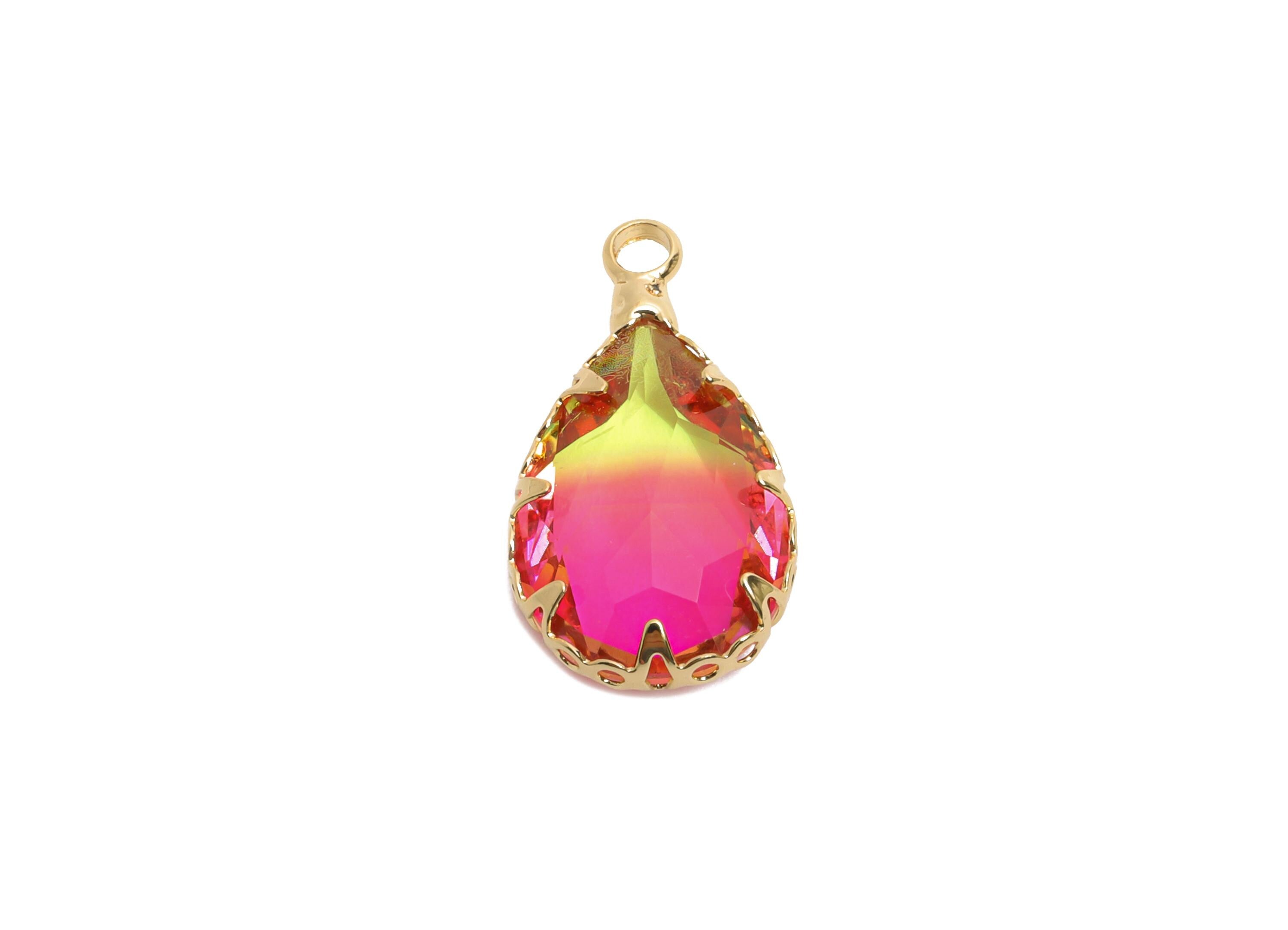 Teardrop Gemstone Pendant - Brass Rainbow Crystal Charm - Teardrop Cut Crystal Pendant - Radiant Jewelry - KC Gold Plated - 16x10x5mm-GS1270 - DOMEDBAZAAR