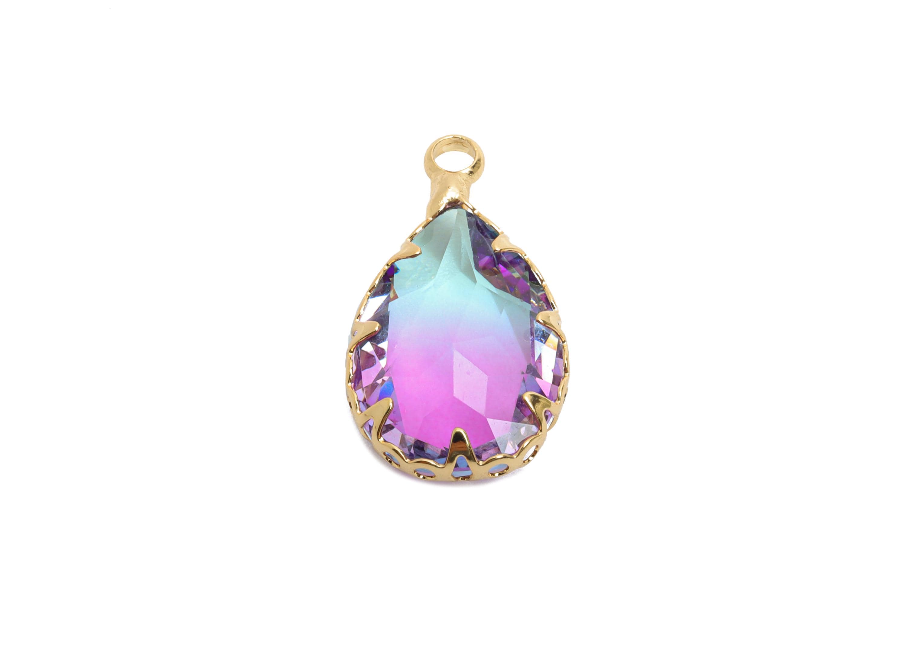 Teardrop Crystal Pendant - Brass Rainbow Crystal Charm - Teardrop Cut Glass Pendant - Radiant Jewelry - KC Gold Plated - 16x10x5mm-GS1275 - DOMEDBAZAAR