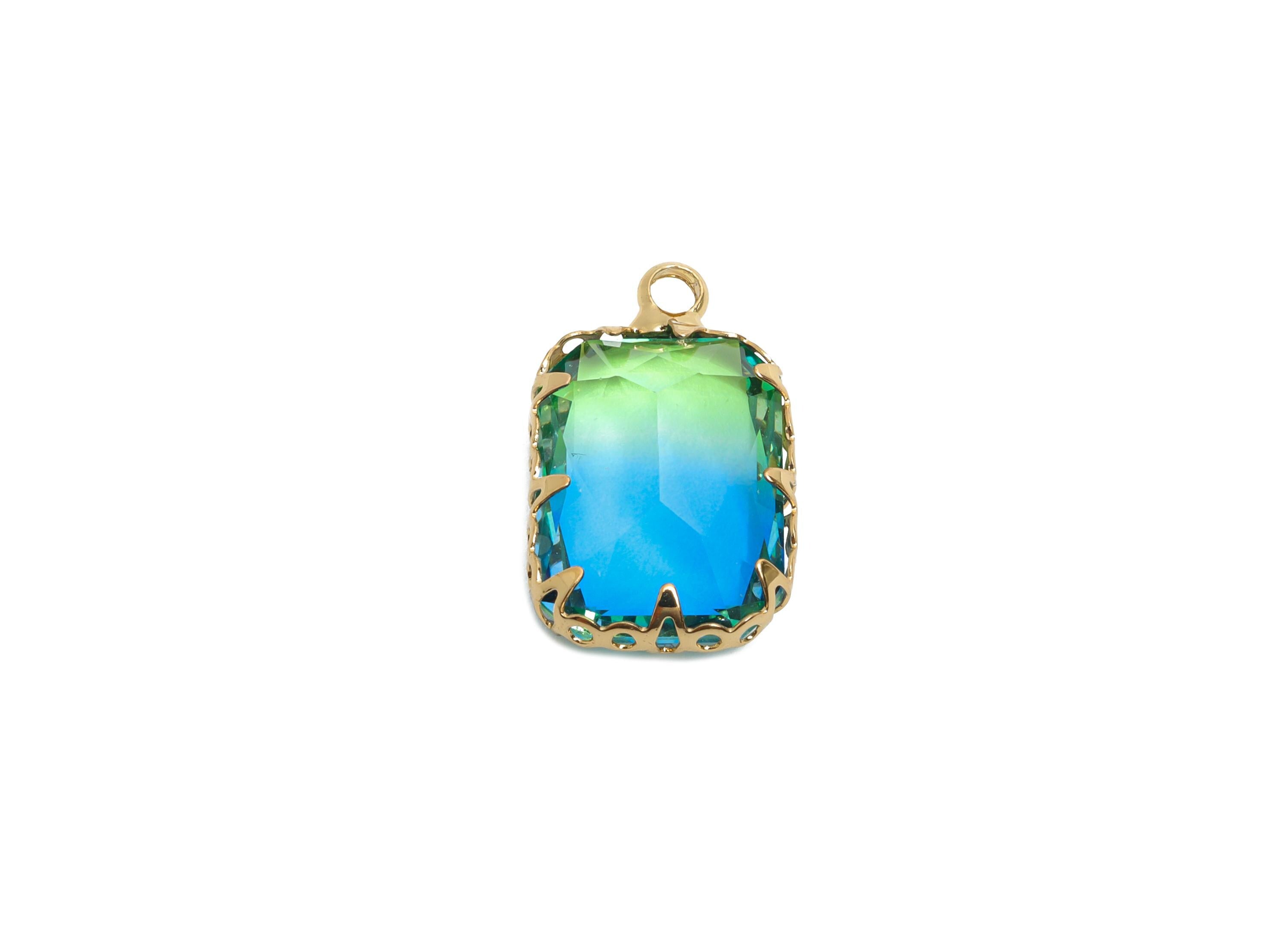 Faceted Rectangular Crystal Charm - Brass Glass Gemstone Pendant - Elegant Geometry Jewelry - KC Gold Tone Plated - 19x11x5.45mm - GS1229 - DOMEDBAZAAR