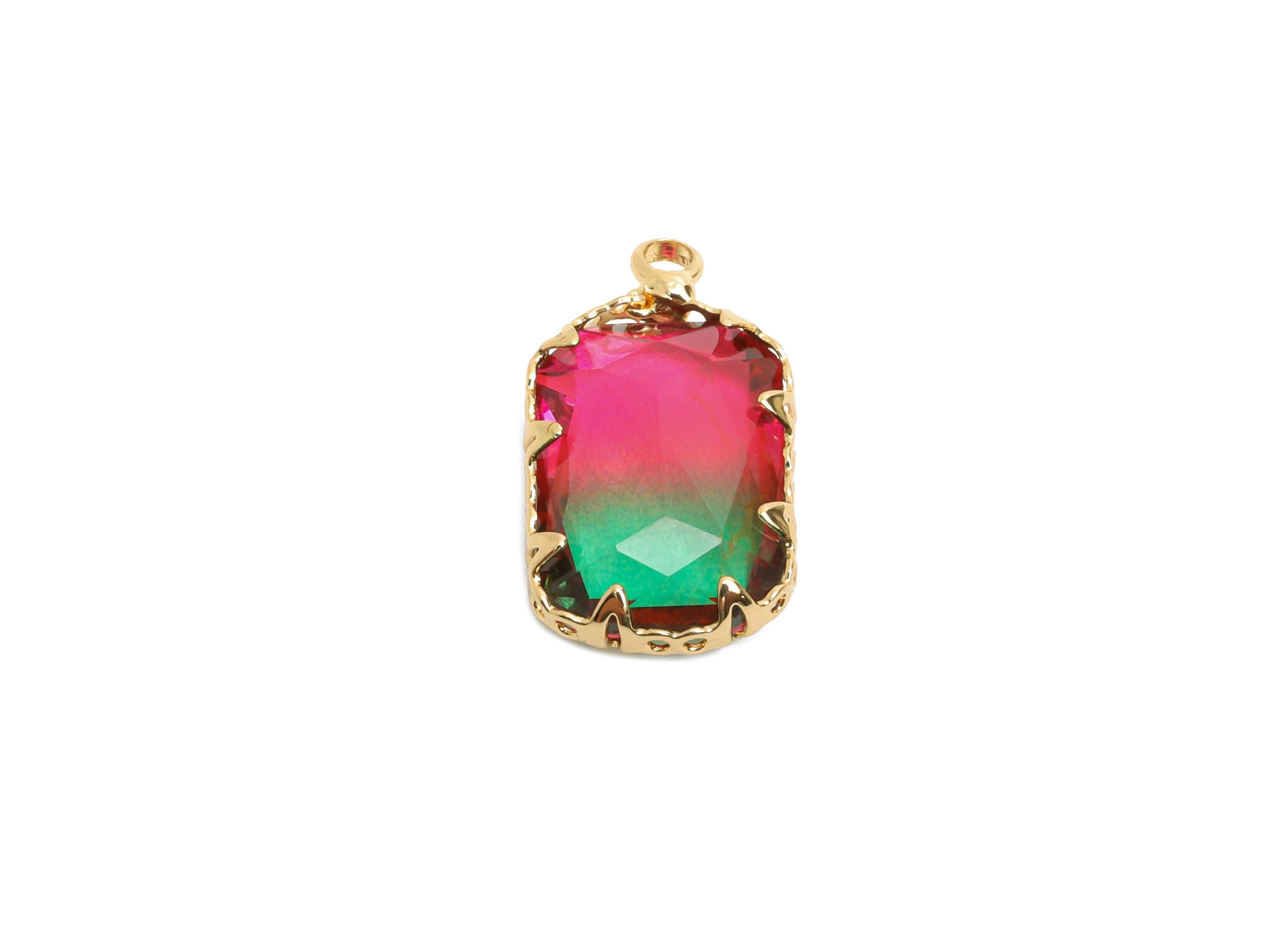 Faceted Rectangular Crystal Charm - Brass Glass Gemstone Pendant - Elegant Geometry Jewelry - KC Gold Tone Plated  - 19x11x5.45mm - GS1227 - DOMEDBAZAAR