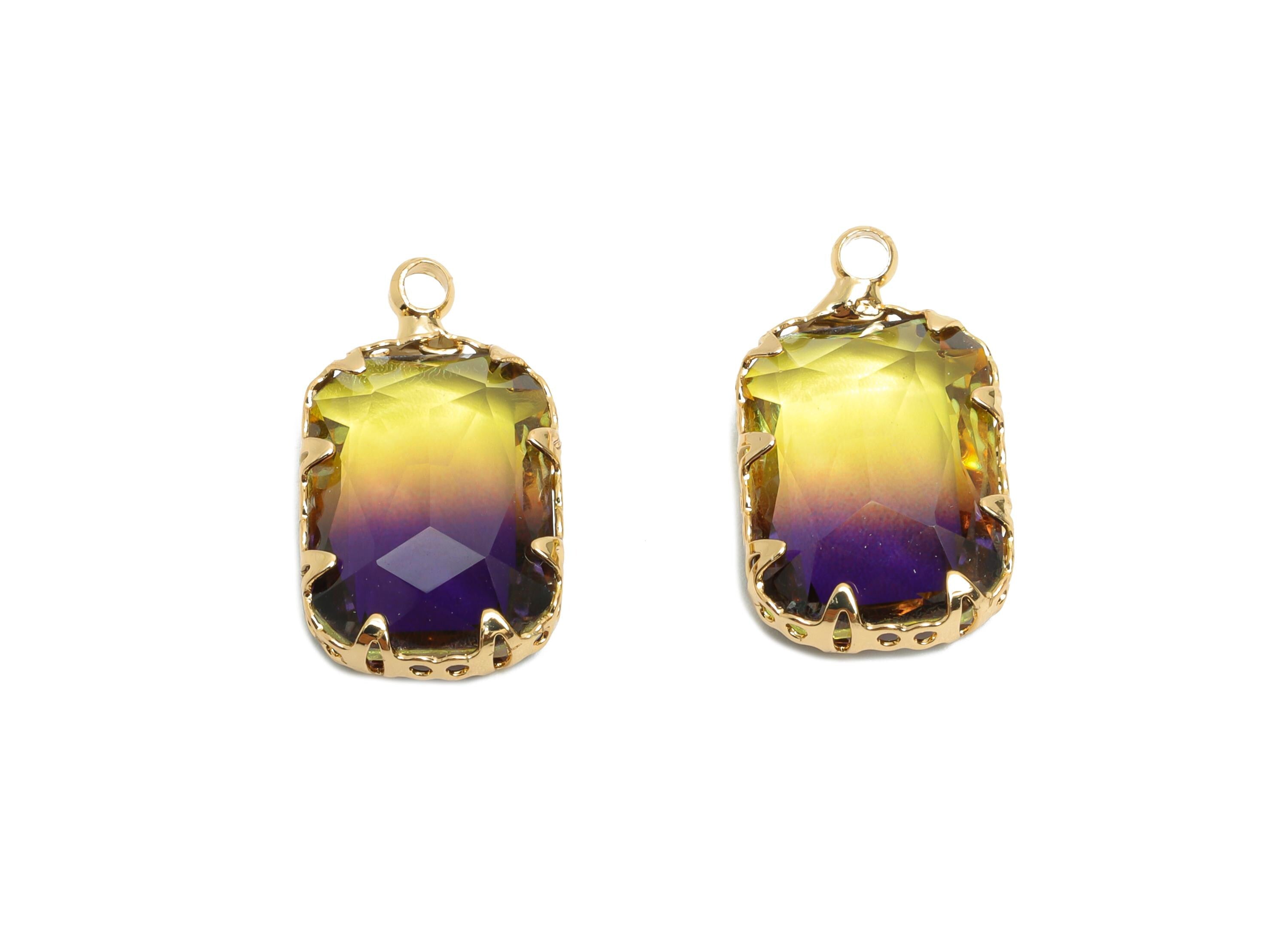 Faceted Rectangular Crystal Charm - Brass Colorful Pendant - Glass Elegant Geometry Jewelry - KC Gold Tone Plated - 19x11x5.45mm - GS1230 - DOMEDBAZAAR