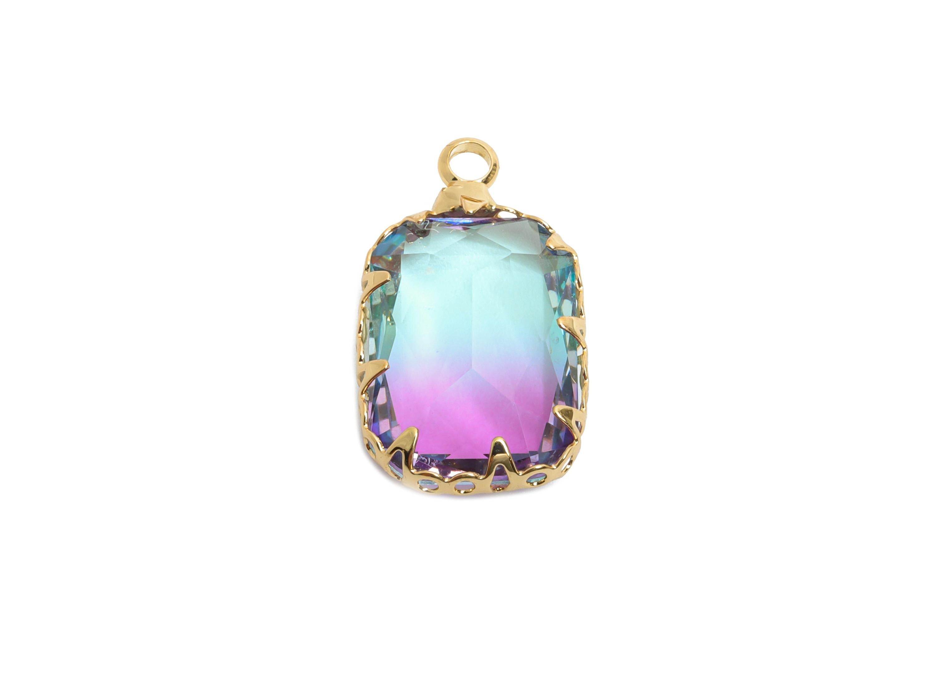 Faceted Rectangular Crystal Charm - Brass Geometry Pendant - Glass Artisan Multicolor Gemstone Pendant - KC Gold Plated - 19x11x5mm - GS1234 - DOMEDBAZAAR