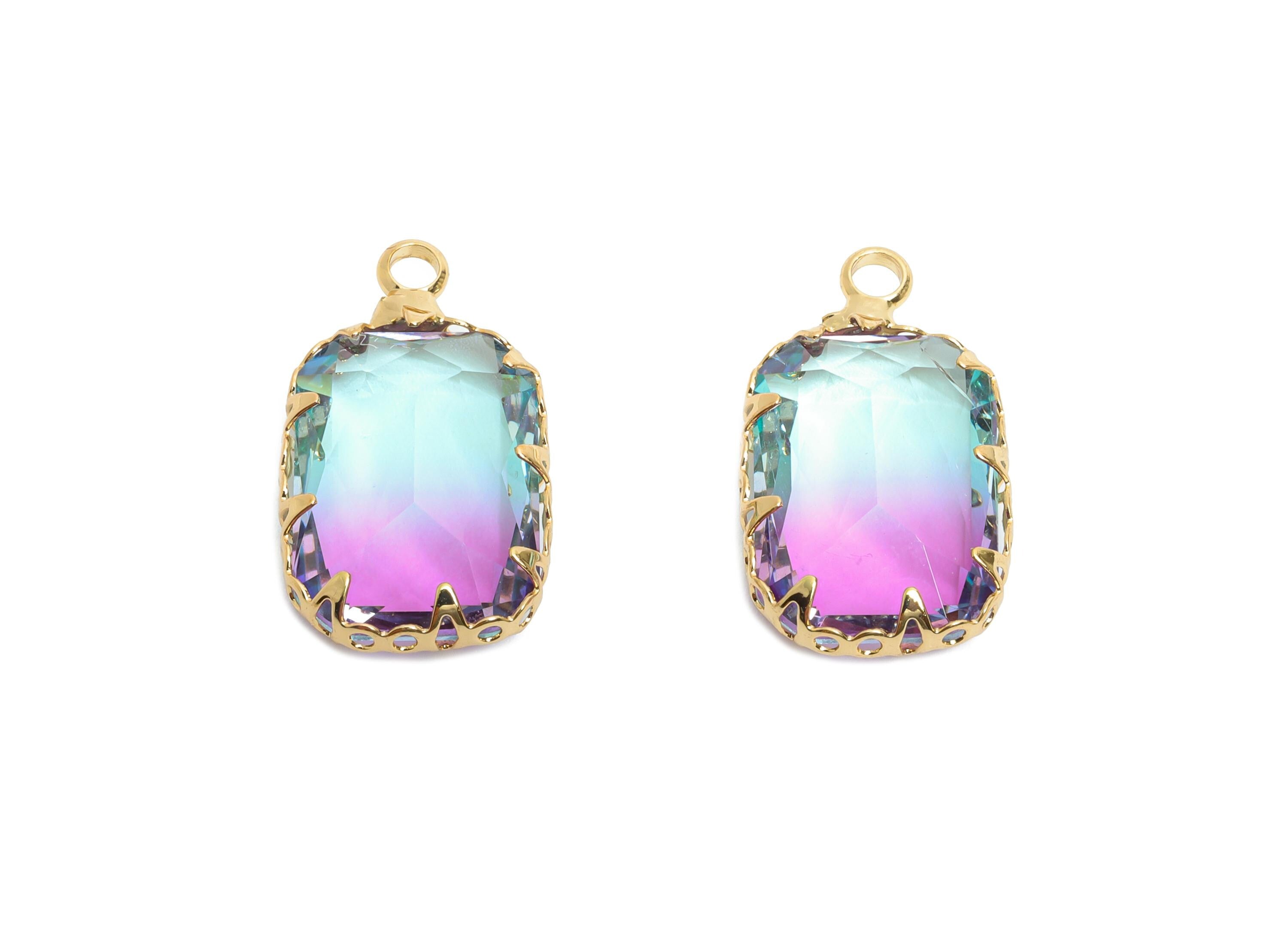 Faceted Rectangular Crystal Charm - Brass Geometry Pendant - Glass Artisan Multicolor Gemstone Pendant - KC Gold Plated - 19x11x5mm - GS1234 - DOMEDBAZAAR