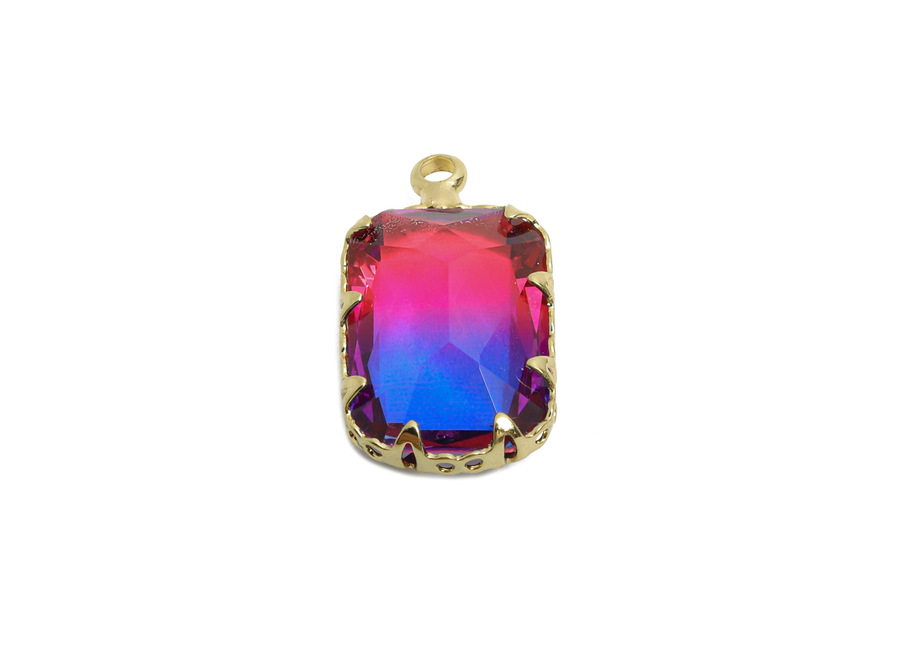 Faceted Rectangular Crystal Charm - Brass Geometry Pendant - Artisan Multicolor Gemstone Pendant - KC Gold Tone Plated - 19x11x5mm - GS1232 - DOMEDBAZAAR