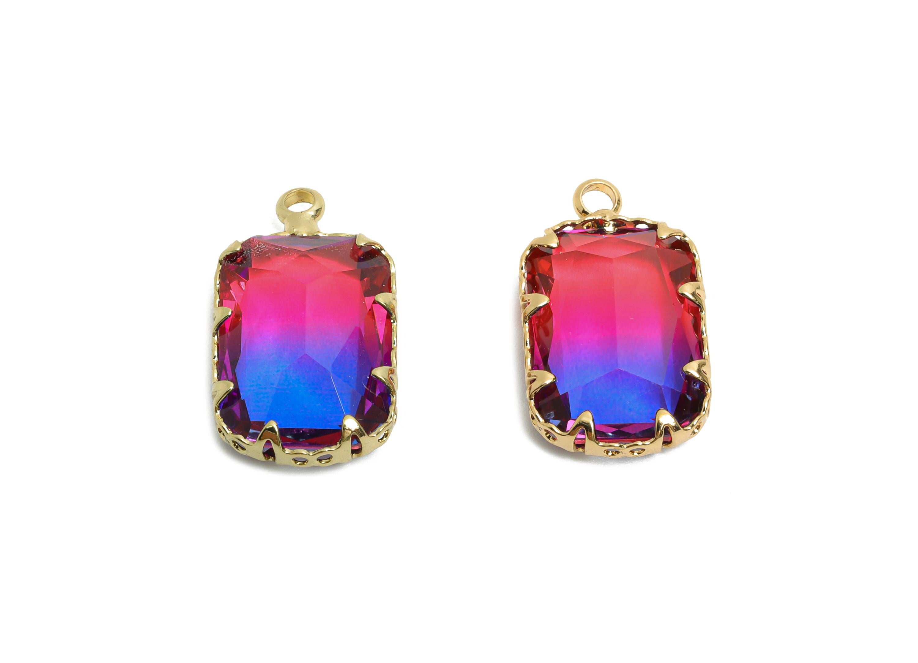 Faceted Rectangular Crystal Charm - Brass Geometry Pendant - Artisan Multicolor Gemstone Pendant - KC Gold Tone Plated - 19x11x5mm - GS1232 - DOMEDBAZAAR