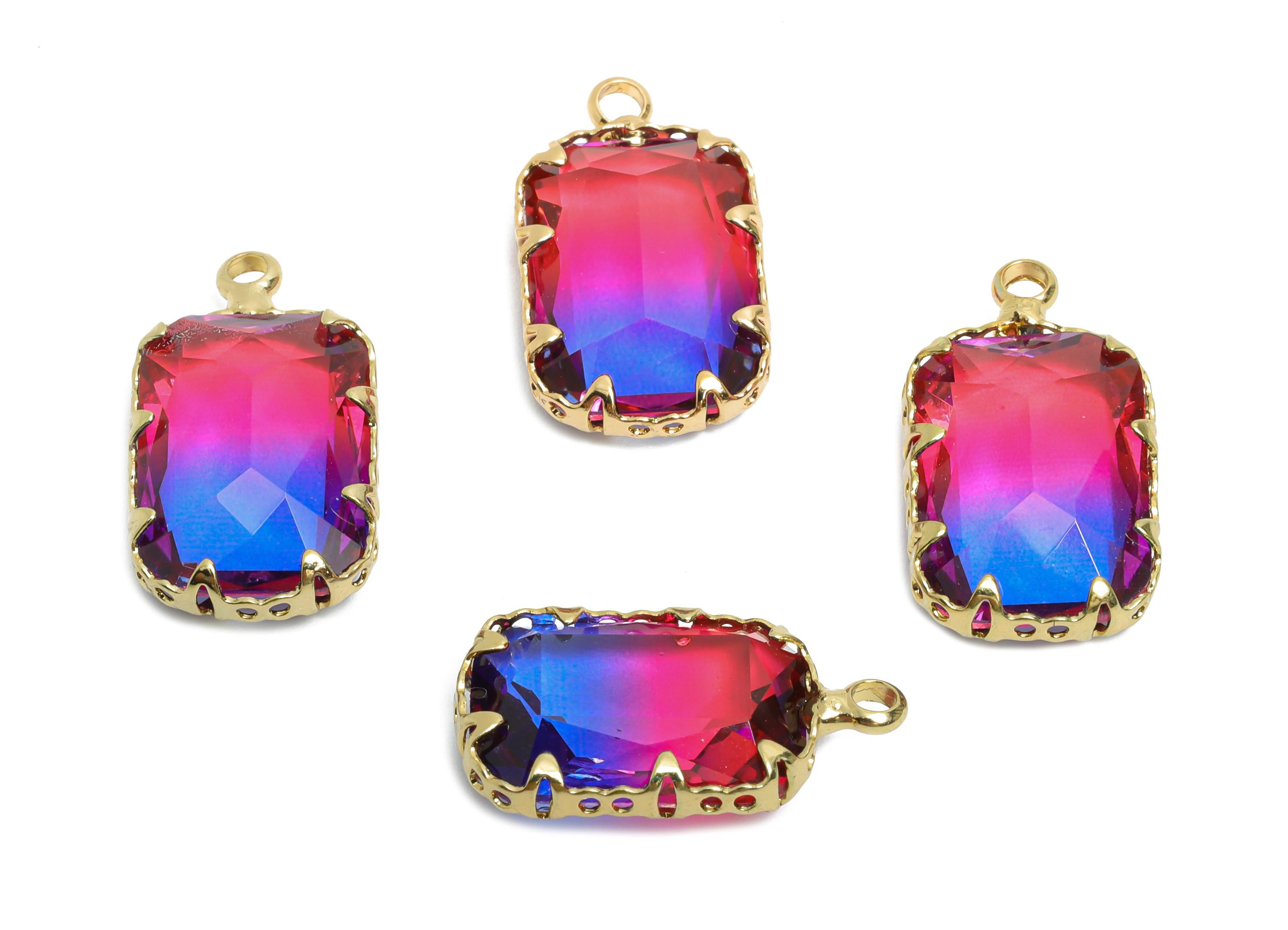 Faceted Rectangular Crystal Charm - Brass Geometry Pendant - Artisan Multicolor Gemstone Pendant - KC Gold Tone Plated - 19x11x5mm - GS1232 - DOMEDBAZAAR