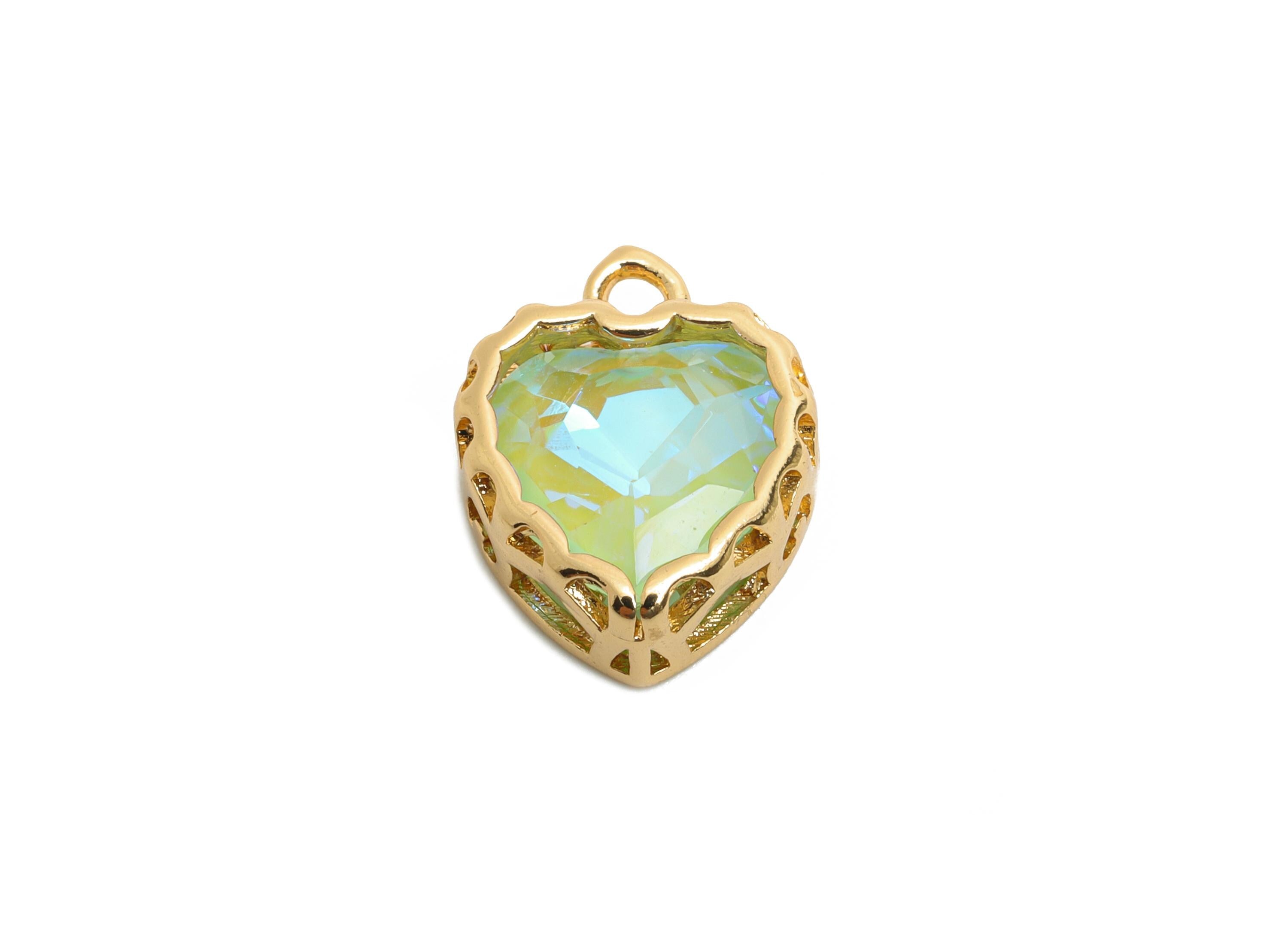 Brass Heart Crystal Charms - Elegant Faceted Crystal Necklace Pendant - Shimmering Jewelry DIY - KC Gold Plated - 14.4x12x5.16mm - GS1186 - DOMEDBAZAAR