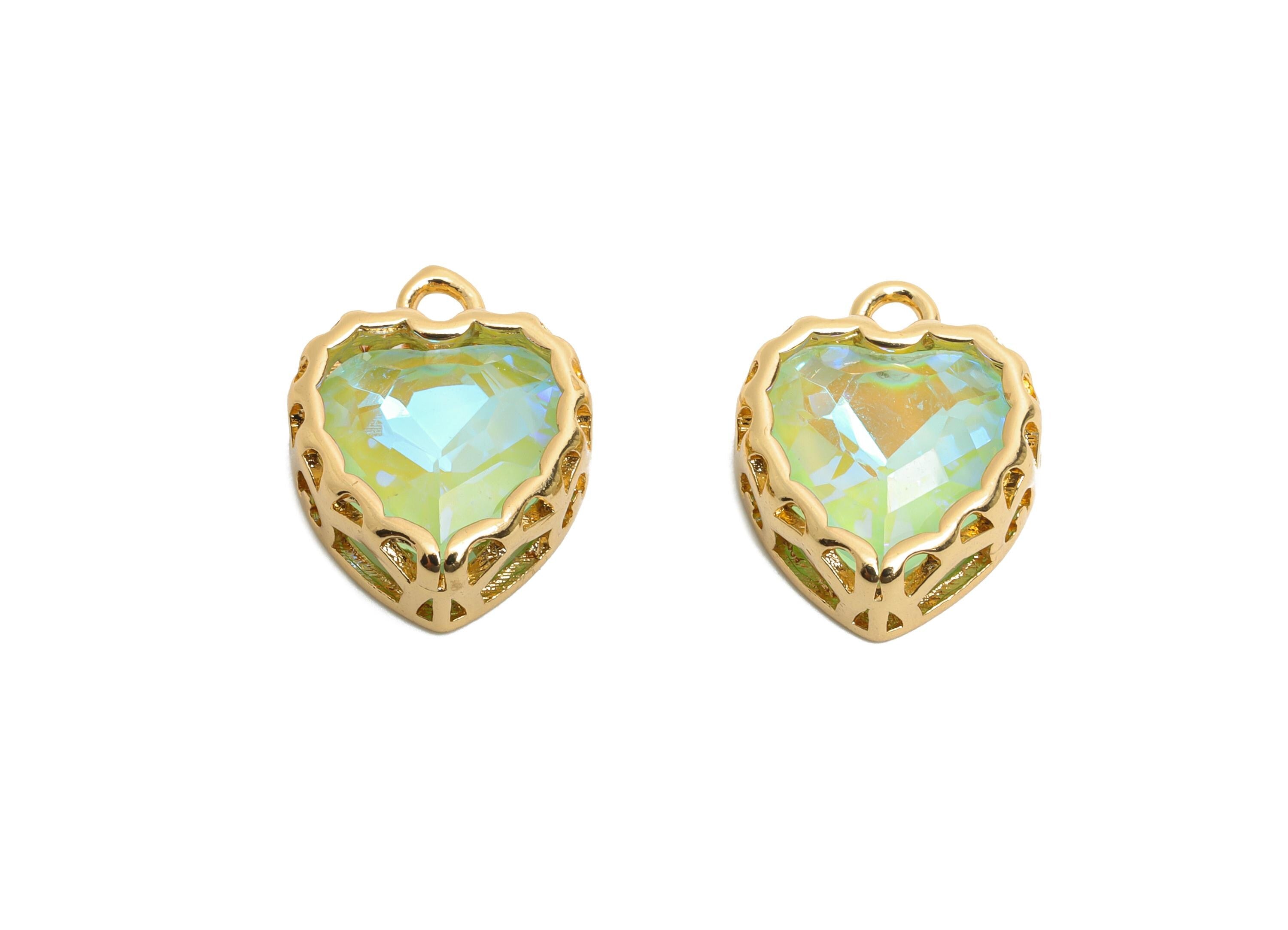 Brass Heart Crystal Charms - Elegant Faceted Crystal Necklace Pendant - Shimmering Jewelry DIY - KC Gold Plated - 14.4x12x5.16mm - GS1186 - DOMEDBAZAAR