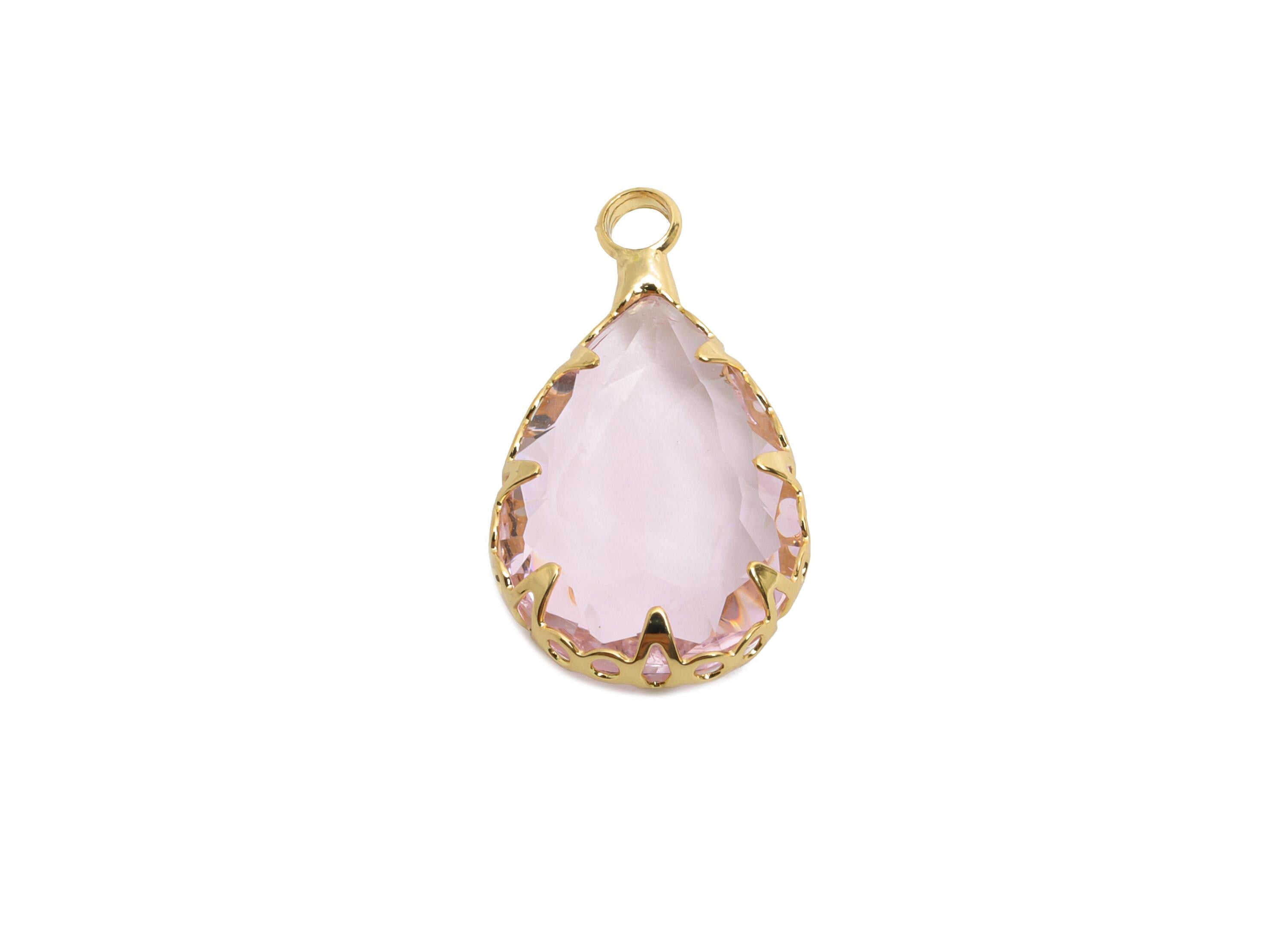 Teardrop Crystal Charms - Brass Pink Faceted Glass Pendant - Romantic Teardrop Jewelry - KC Gold Tone Plated - 18.5x10.6x4.57mm - GS1218 - DOMEDBAZAAR