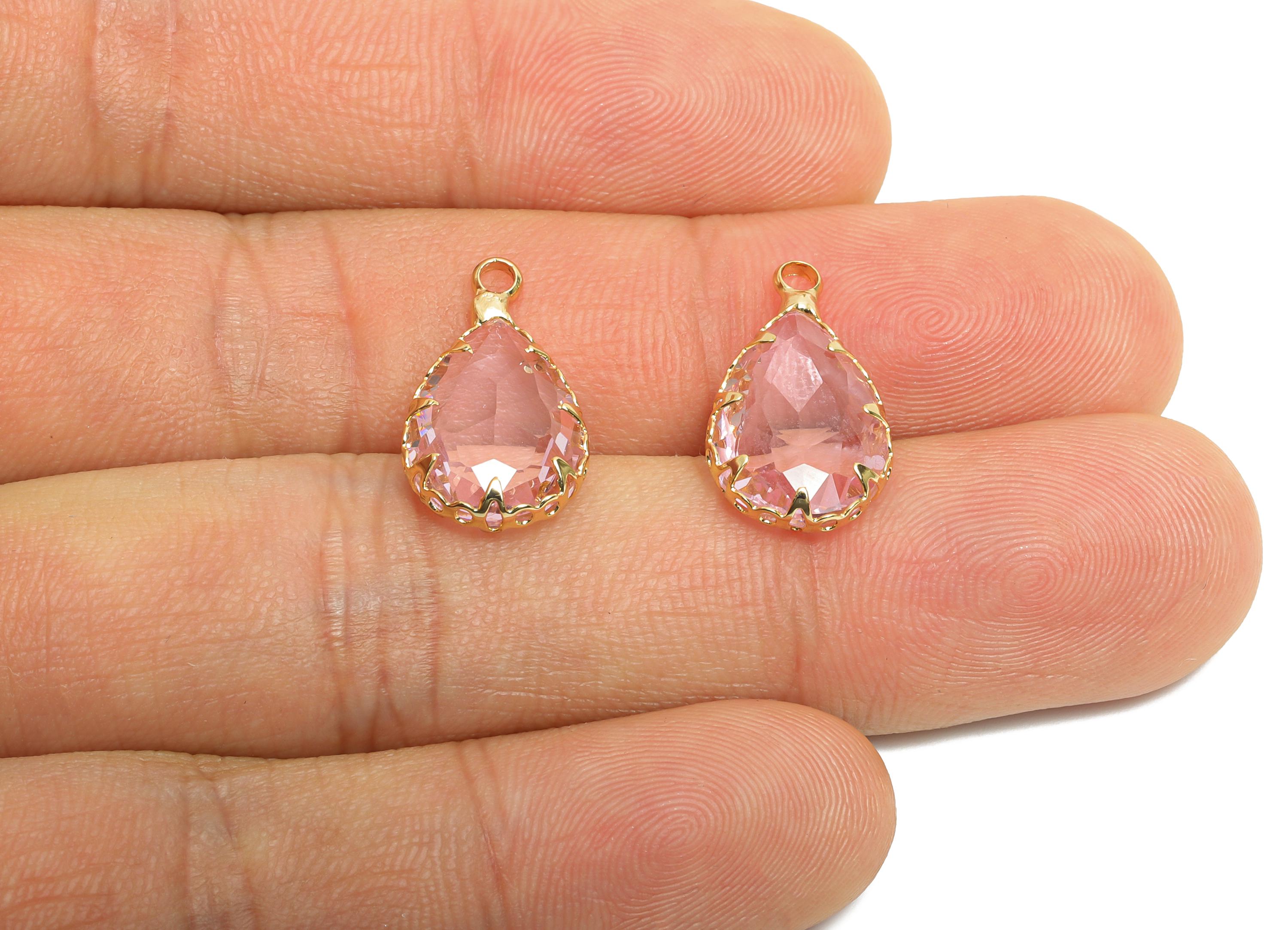 Teardrop Crystal Charms - Brass Pink Faceted Glass Pendant - Romantic Teardrop Jewelry - KC Gold Tone Plated - 18.5x10.6x4.57mm - GS1218 - DOMEDBAZAAR