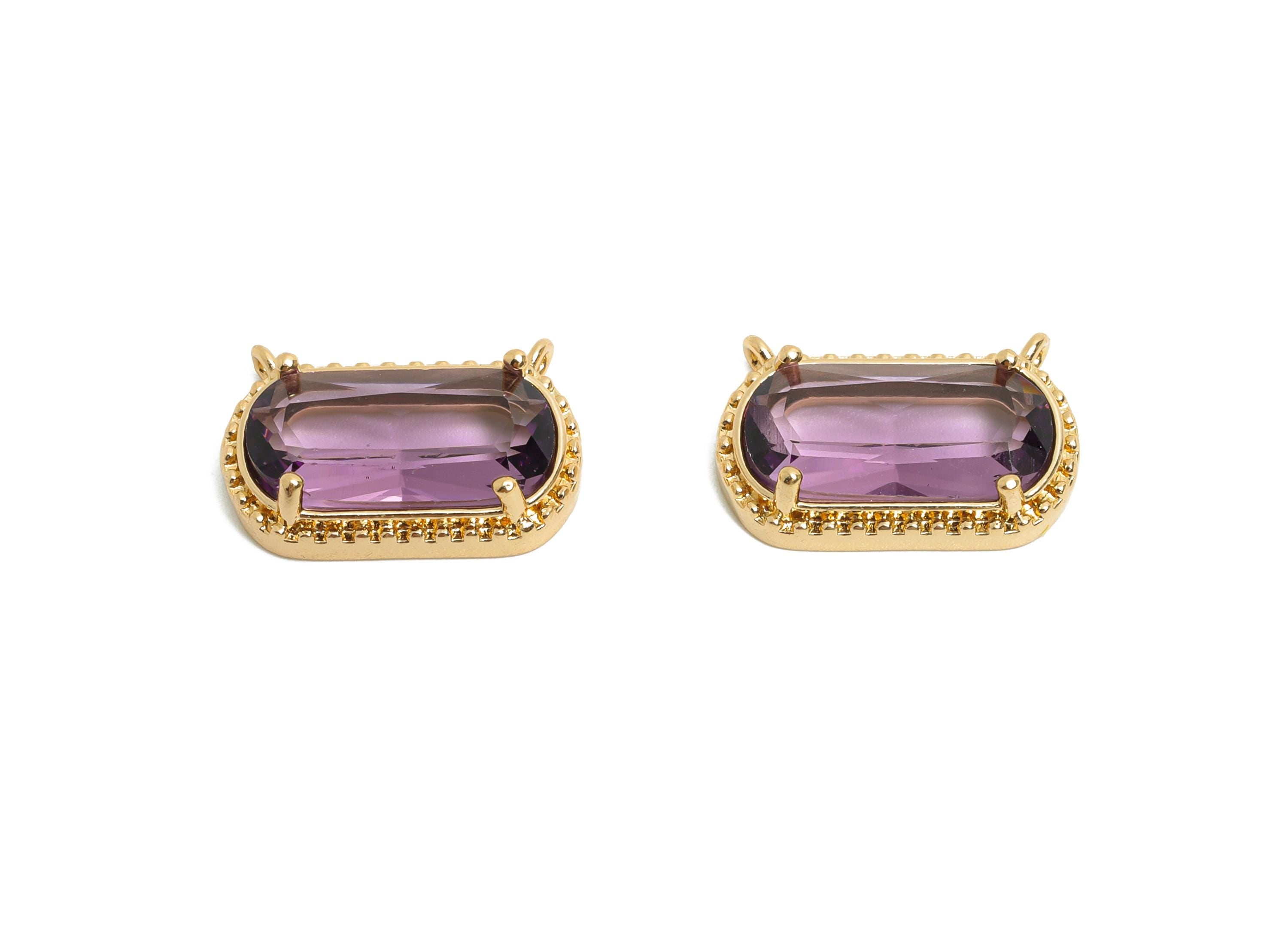 Brass Crystal Oval Pendant - Dainty Sparkling Purple Charm - Modern Oval Rectangular Stone Pendant - KC Gold Tone Plated - 16x11x4mm -GS1295 - DOMEDBAZAAR
