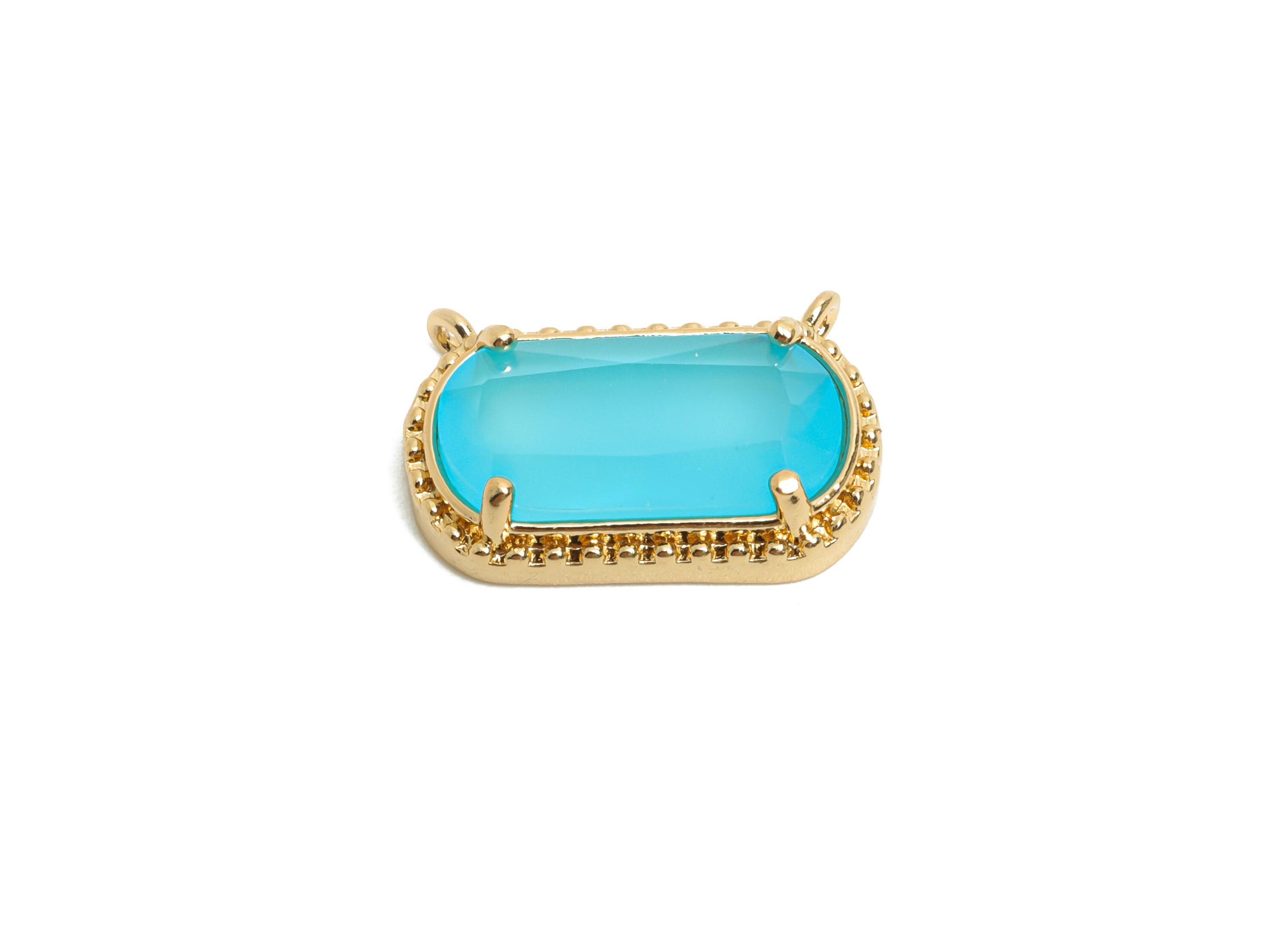 Brass Crystal Oval Pendant - Dainty Sparkling Blue Charm - Modern Oval Rectangular Stone Pendant - KC Gold Tone Plated - 16x11x4mm - GS1294 - DOMEDBAZAAR