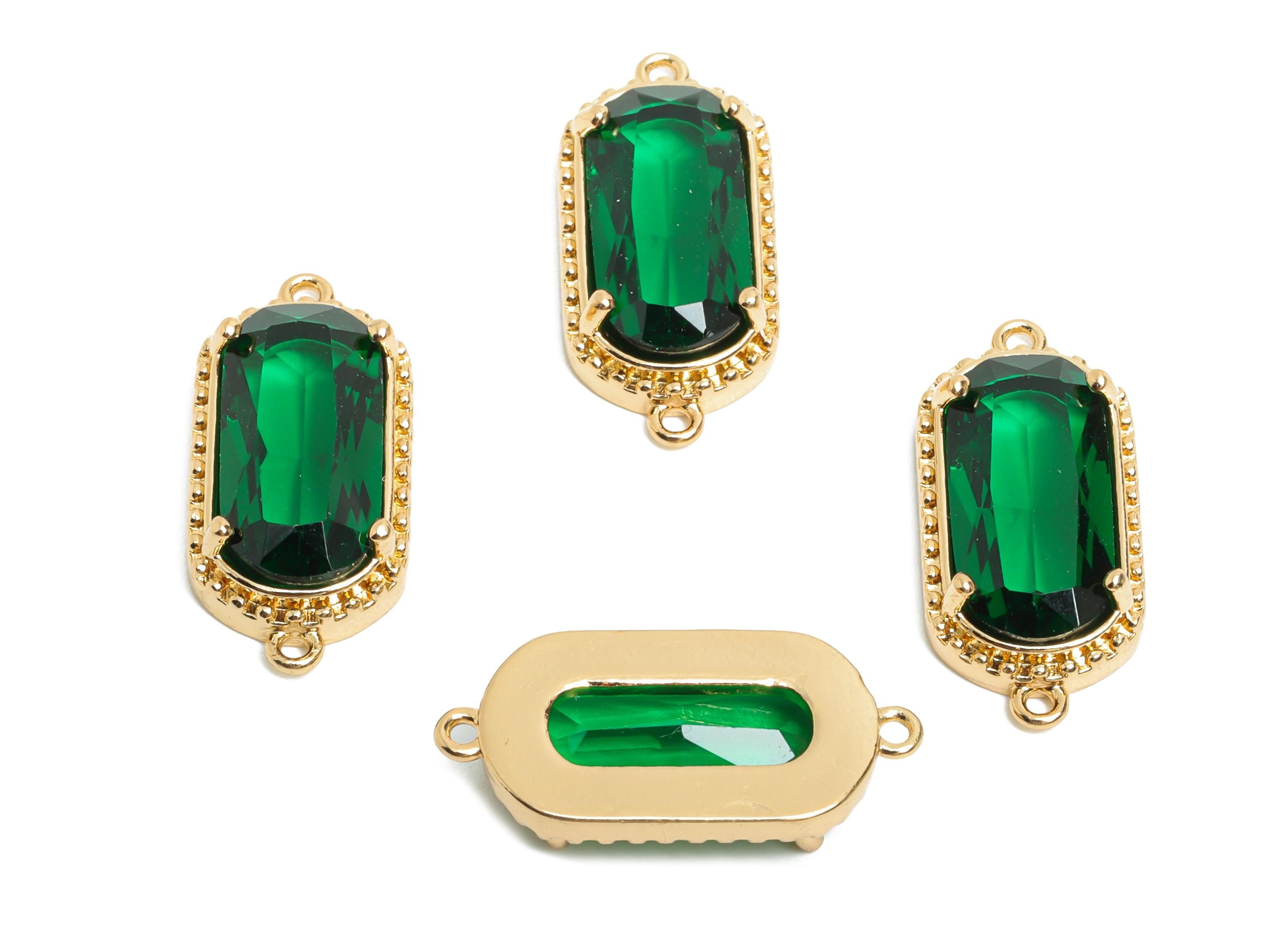 Brass Crystal Connector - Dainty Sparkling Green Charm - Modern Oval Rectangular Stone Connector - KC Gold Tone Plated - 20x9x4mm - GS1304 - DOMEDBAZAAR